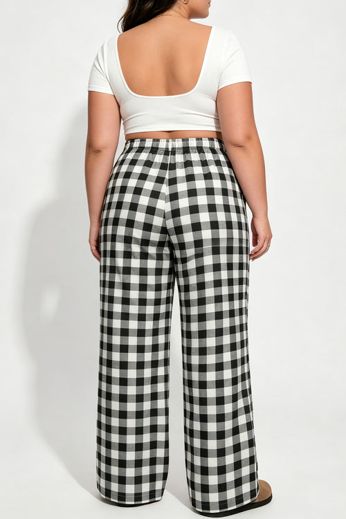 Black Plus Size Plaid Pattern Elastic Waist Shift Pants