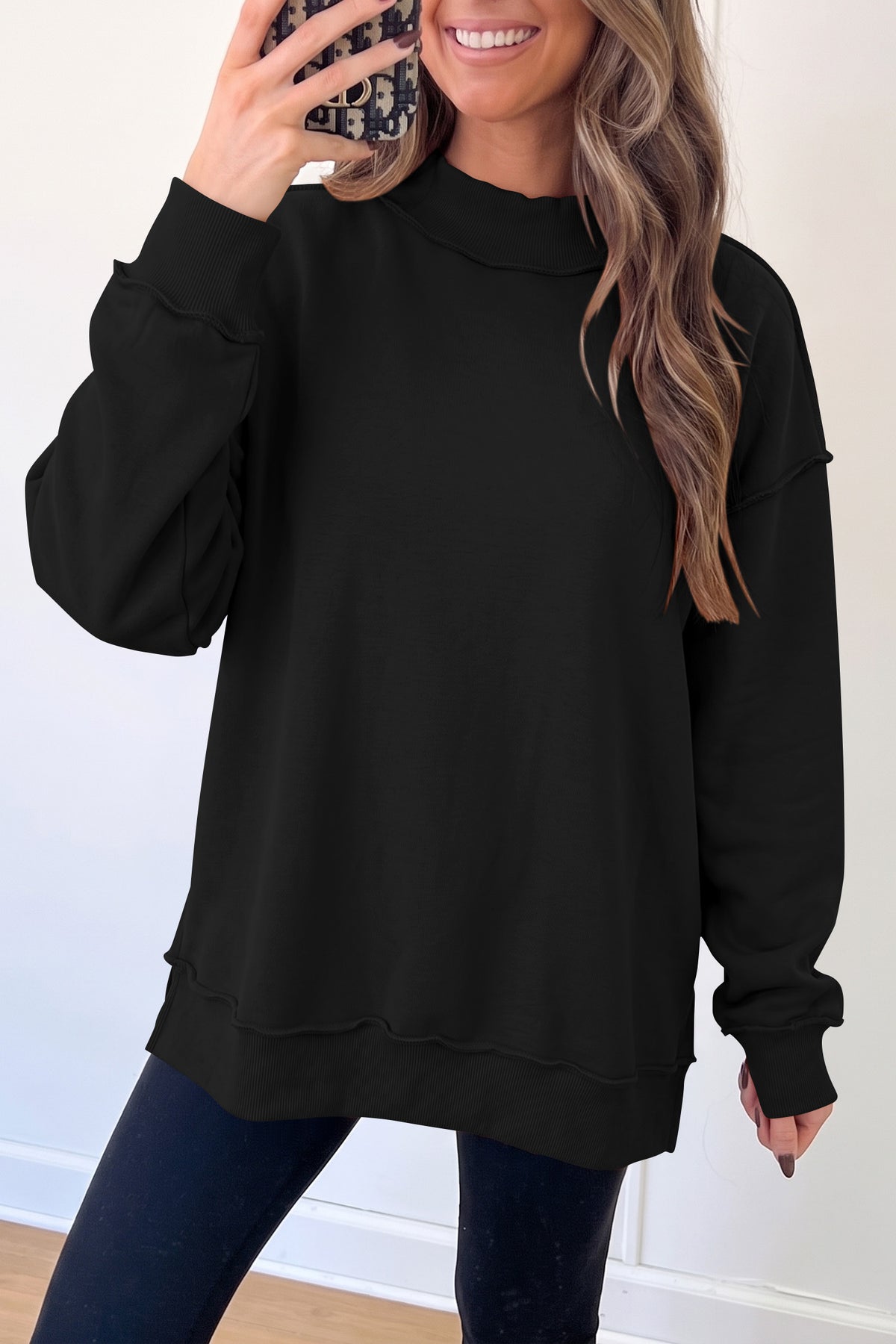 Bright Pink Oversize Drop Shoulder Reversible Mock Neck Sweatshirt