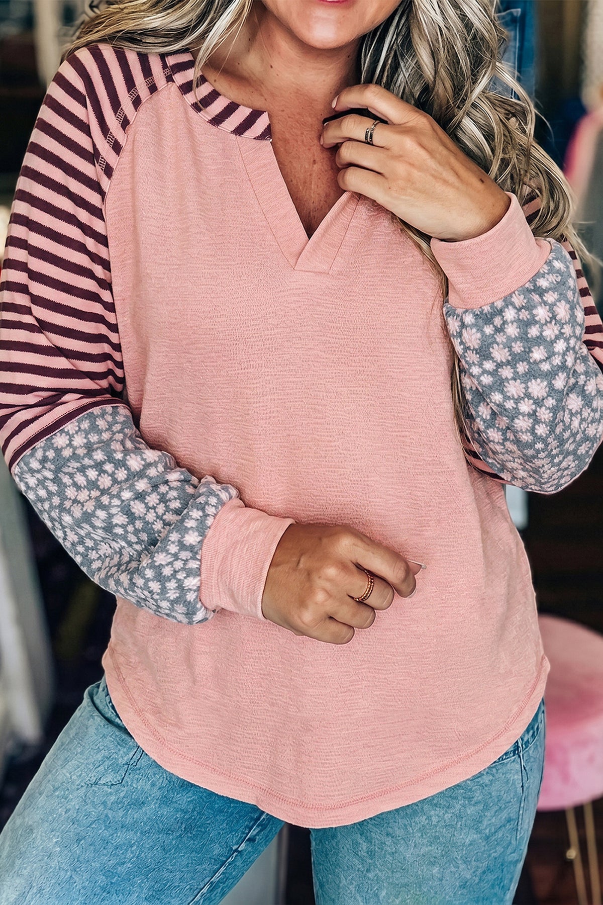 Light Pink Striped Floral Long Sleeve Casual Top
