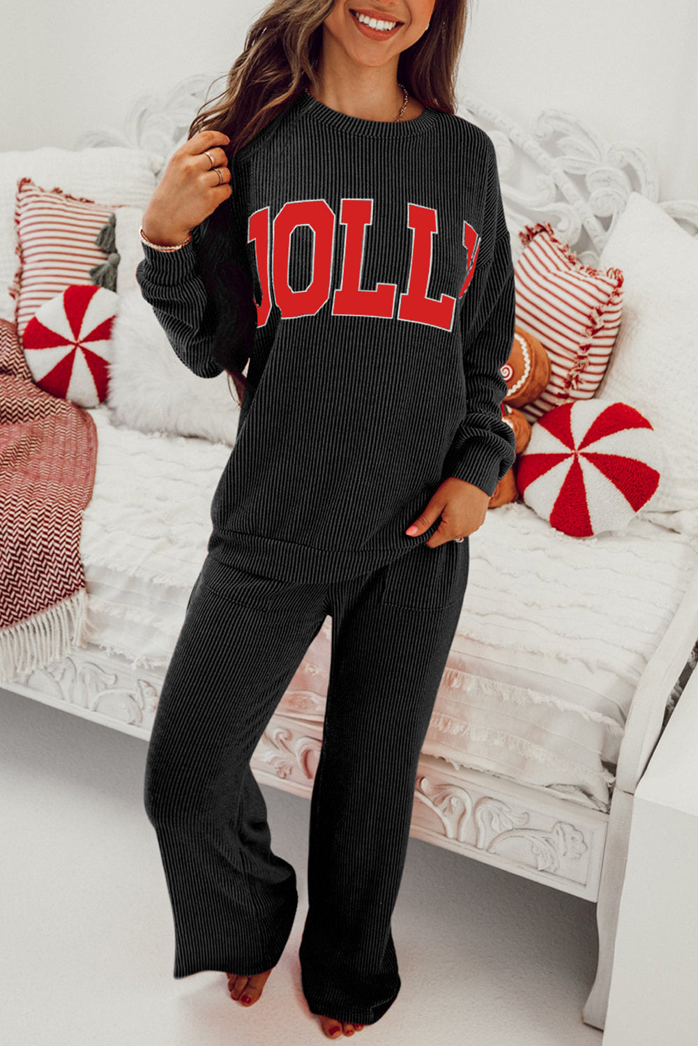 Green JOLLY Long Sleeve Top and Pockets Pants Set