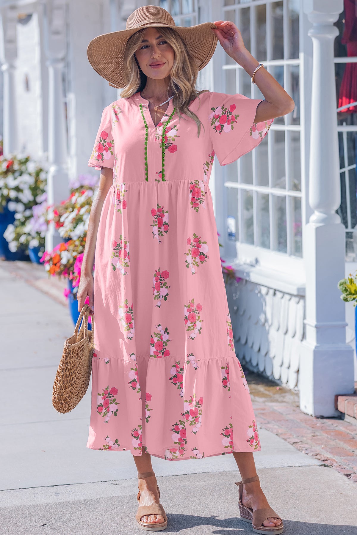 Sky Blue Notched Neck Flutter Short Sleeve Floral Print Maxi Dress