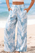 Sky Blue Botanic Print Shirred Waistband Wide Leg Pants