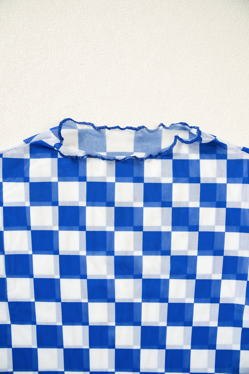 Dark Blue Plaid Mesh Sheer Long Sleeve Top