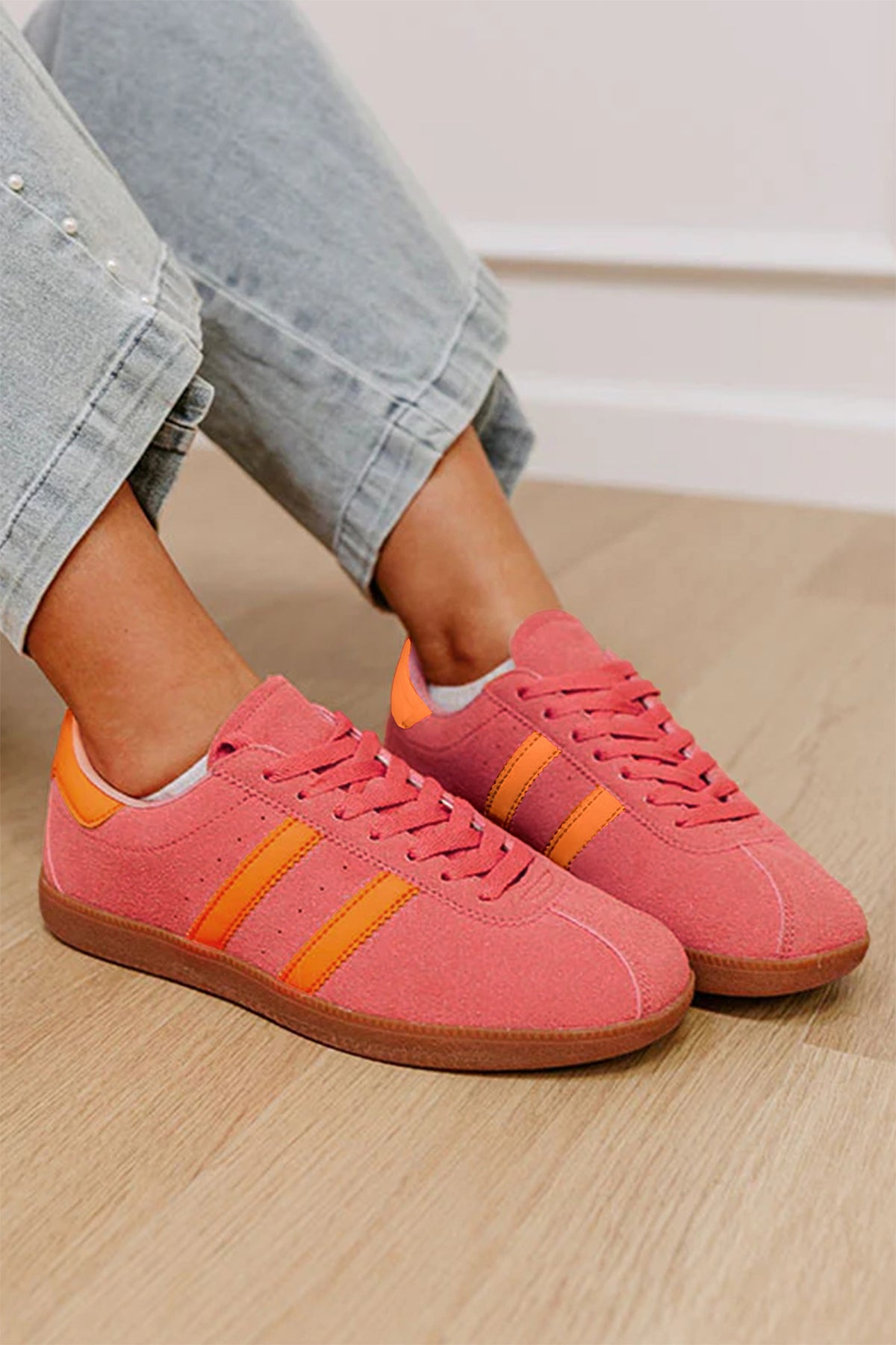 Light Pink Floral Print Lace-up PU Leather Flat Shoes