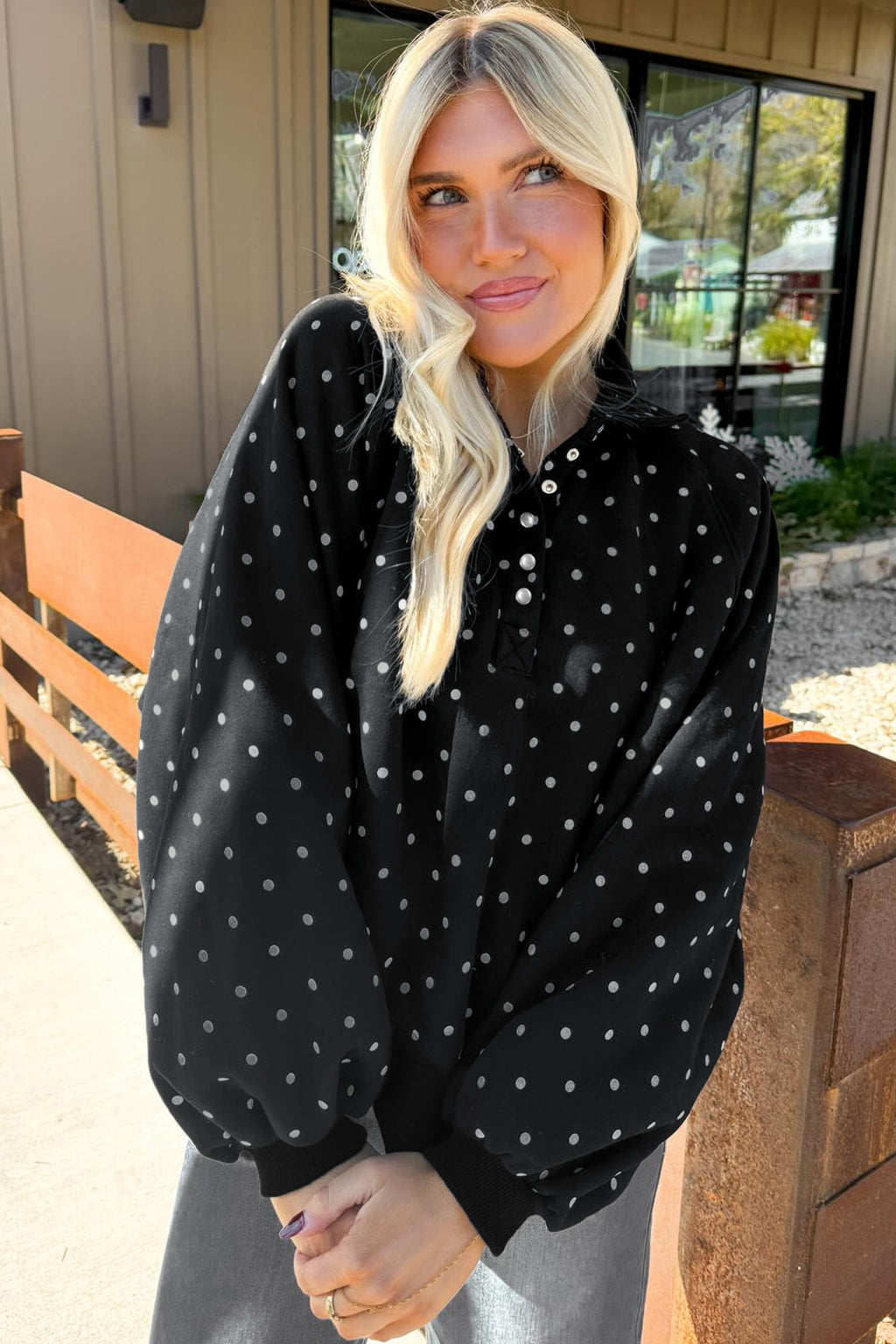 Red Polka Dot Print Metal Button Collar Casual Pullover Sweatshirt