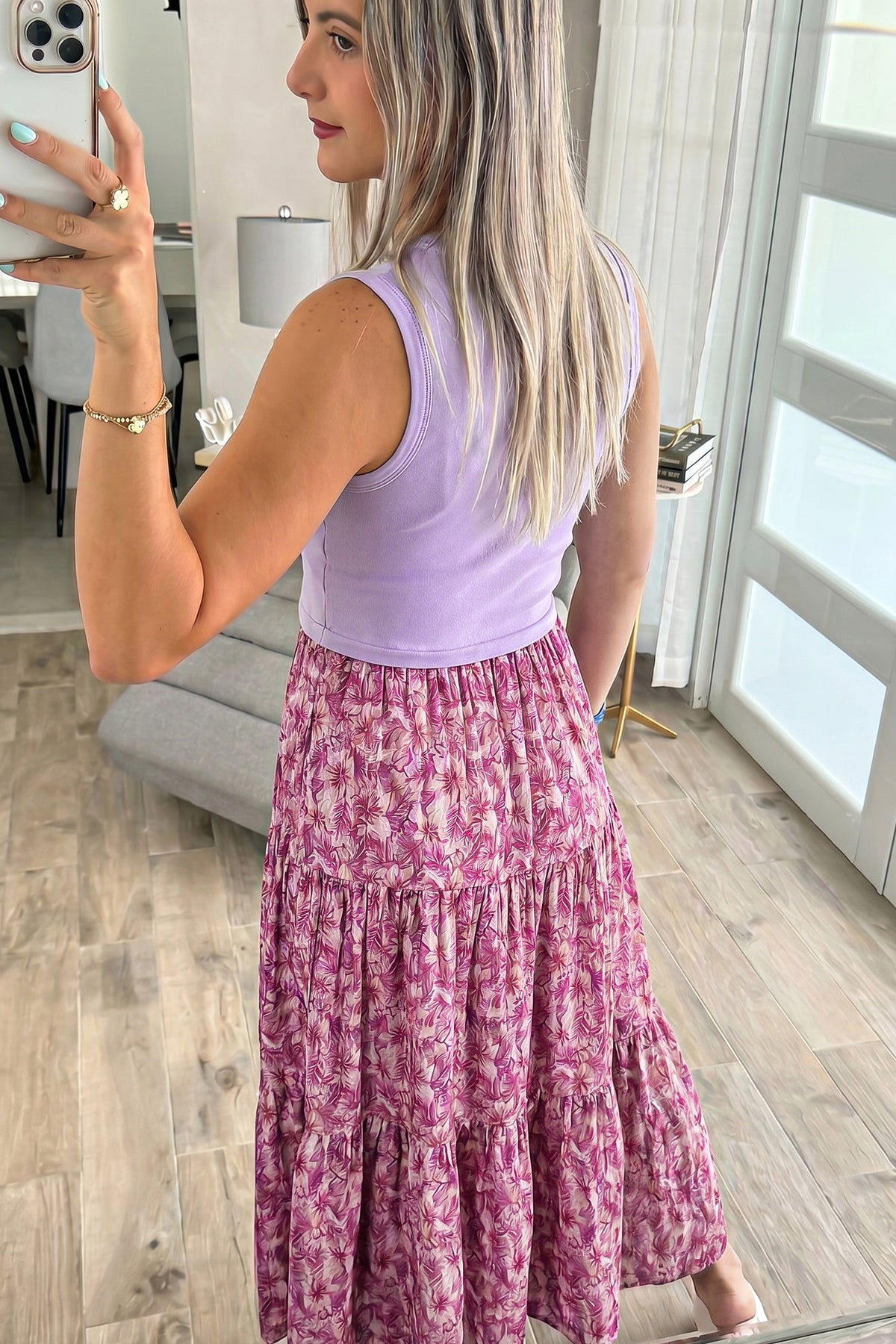Purple Ribbed V Neck Tank Floral Patchwork Dress