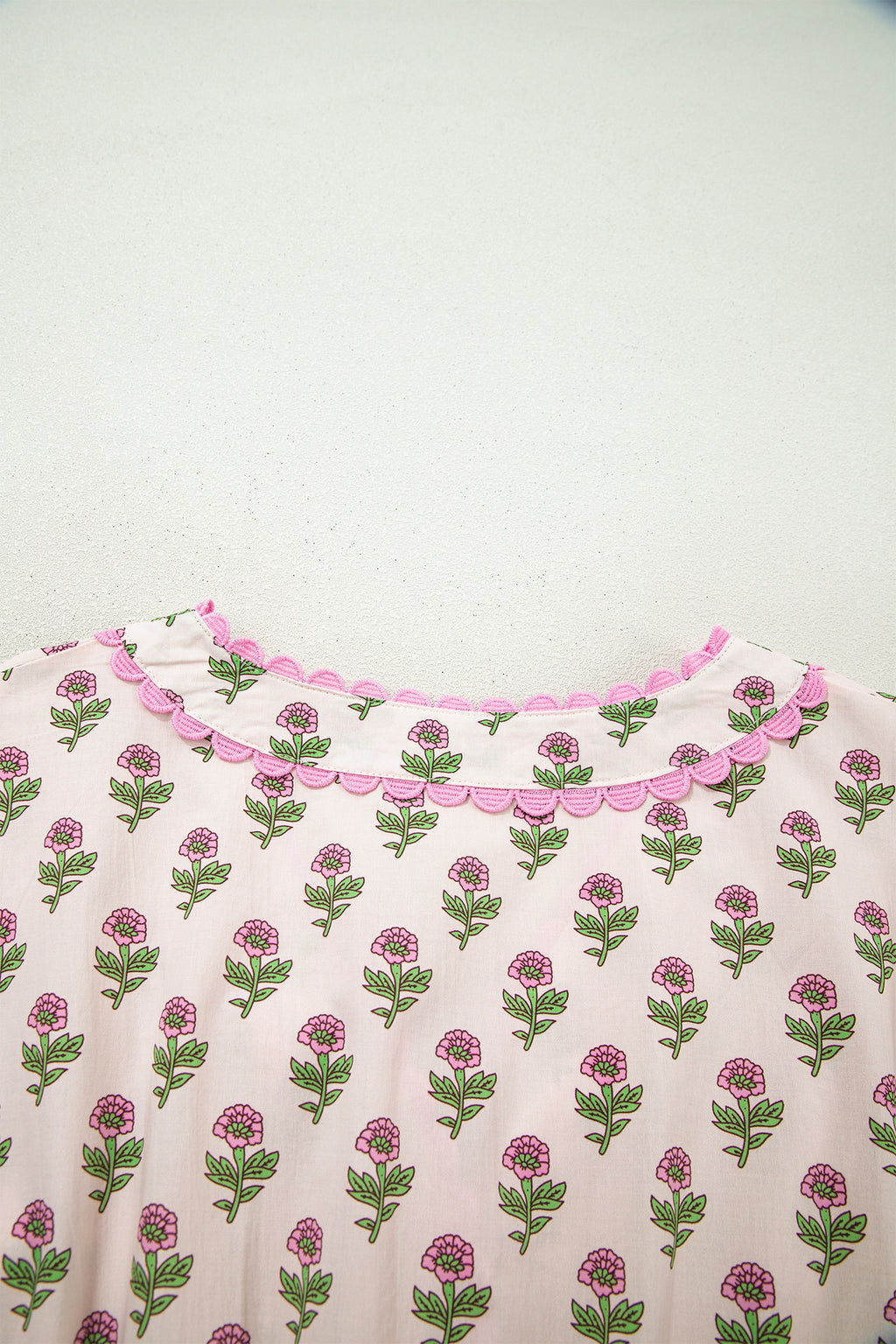 Pink Floral Print V Neck Scallop Trim Button Front Short Sleeve Long Dress