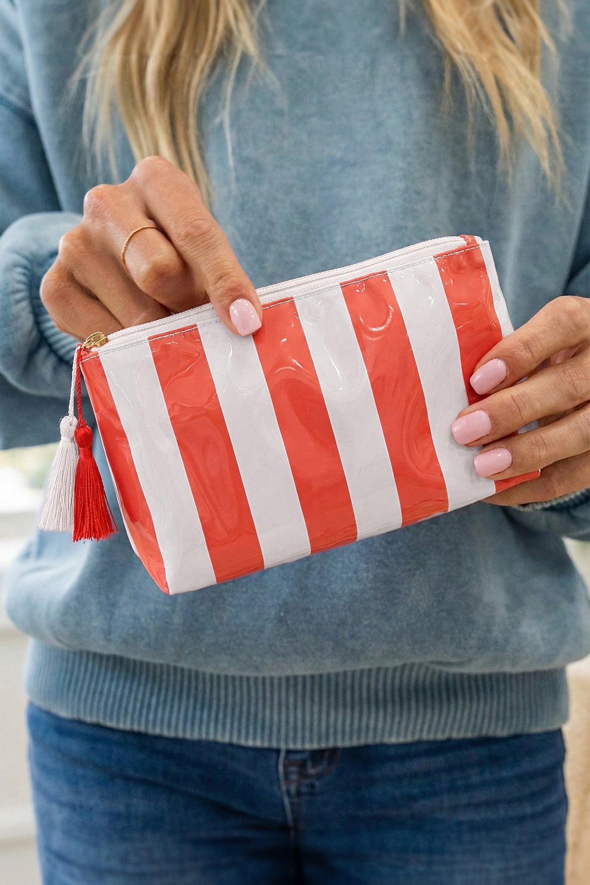 Dark Green Striped Vinyl Waterproof Tassel Zipper Makeup Bag