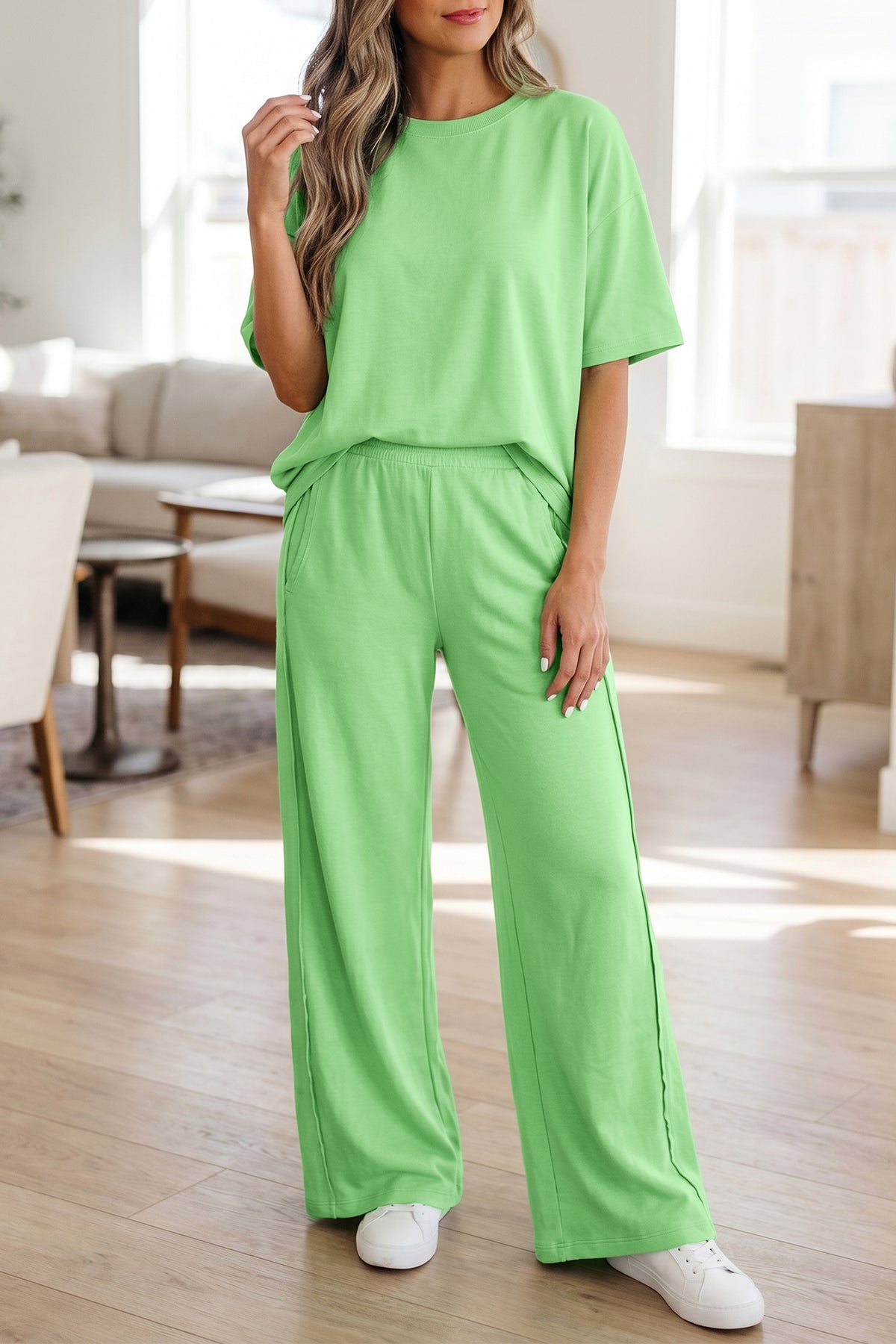 Sachet Pink Solid Pocketed Casual Pants 2pc Set