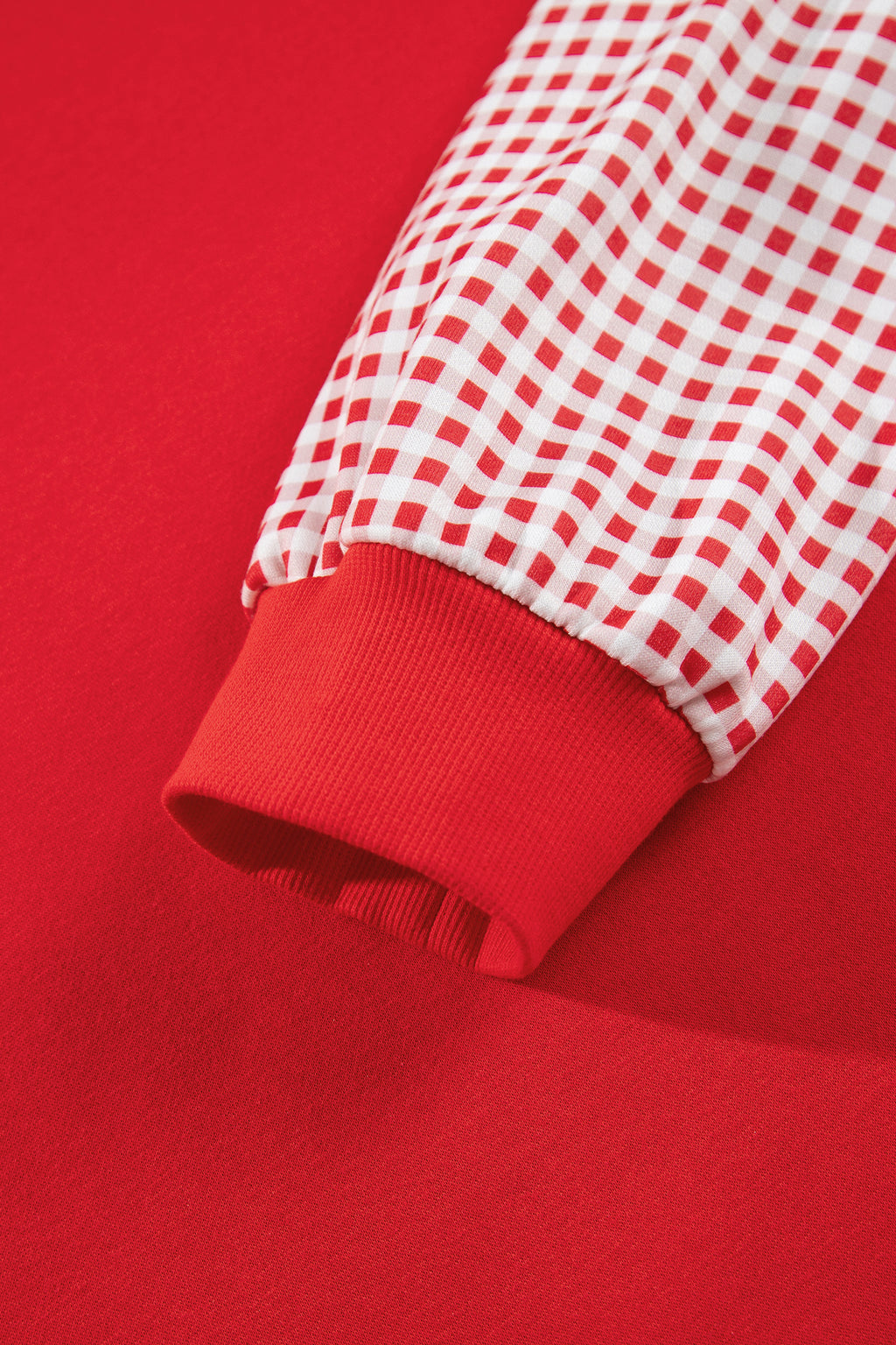 Fiery Red Patchwork Plaid Loose Fit Long Sleeve Plus Size Sweatshirt