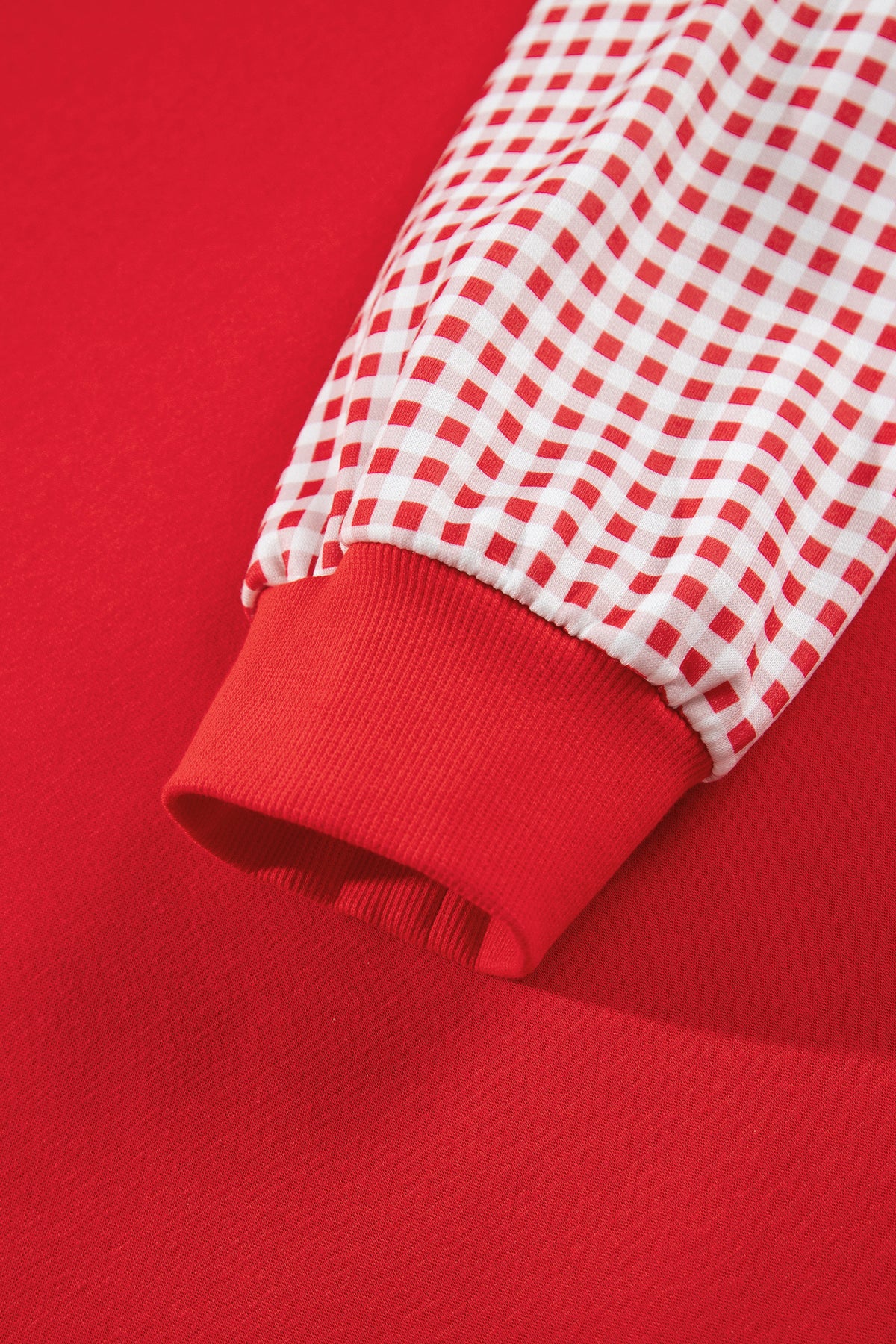 Fiery Red Patchwork Plaid Loose Fit Long Sleeve Plus Size Sweatshirt