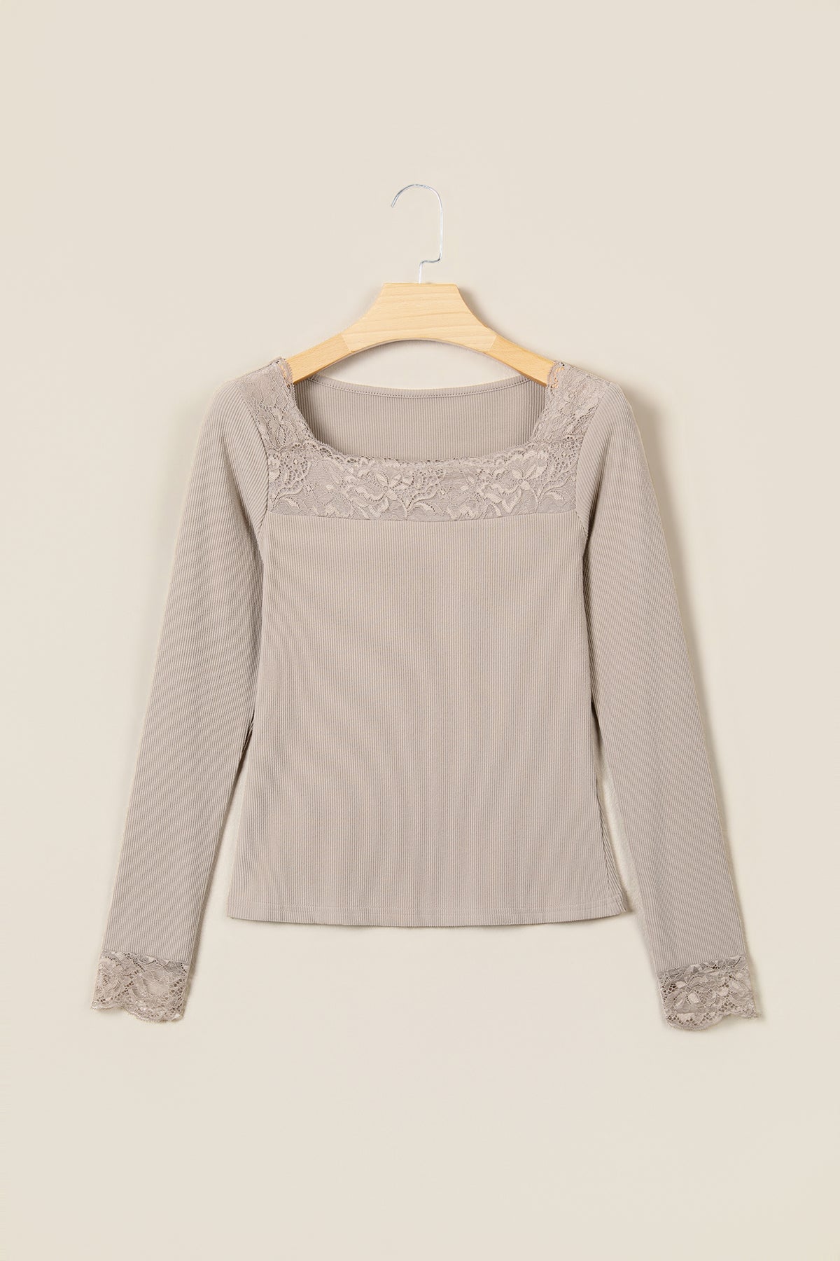 DUNE Solid Color Ribbed Lace Neck Long Sleeve Top