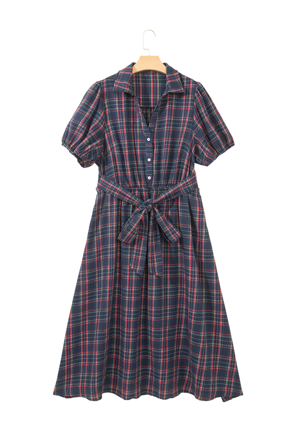 Black Plaid V Neck Belted Waist Short Sleeve Plus Size Dress