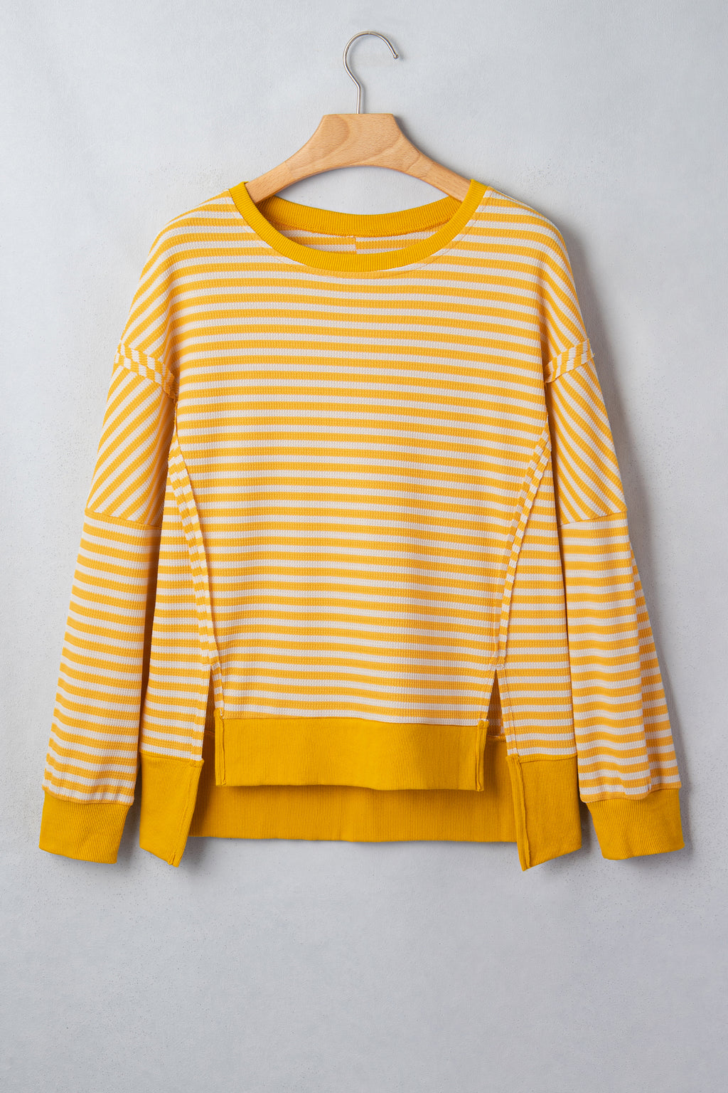 Pink Stripe Textured Knit Color Block Trim Split Hem Long Sleeve Top