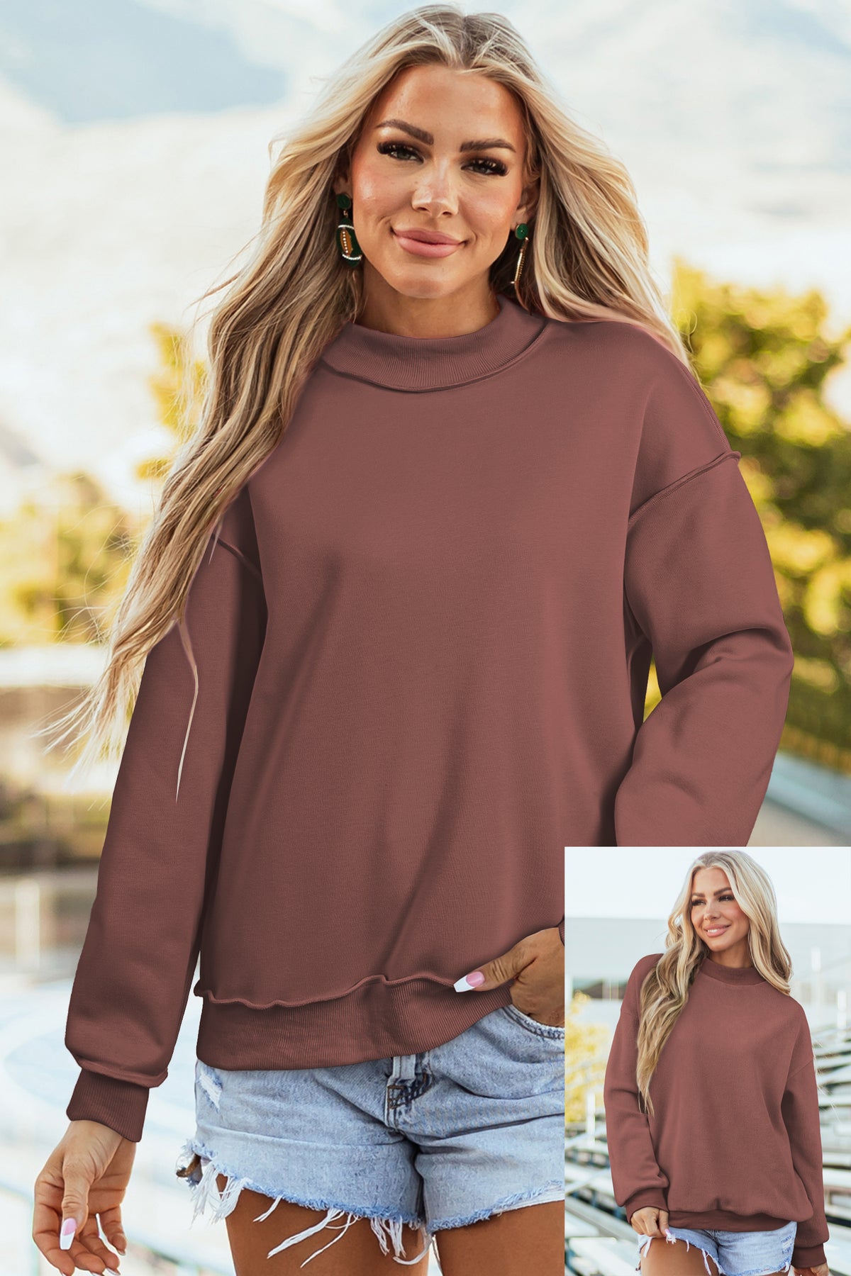 Bright Pink Oversize Drop Shoulder Reversible Mock Neck Sweatshirt