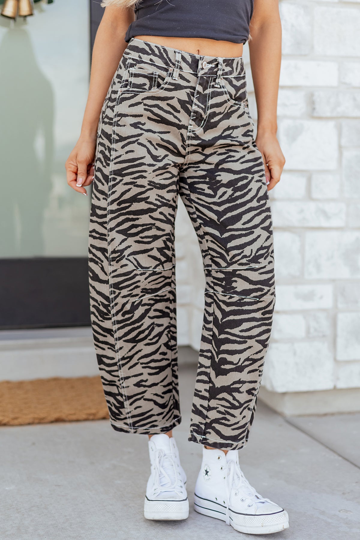 Zebra Printed Wide Leg Barrel Jeans