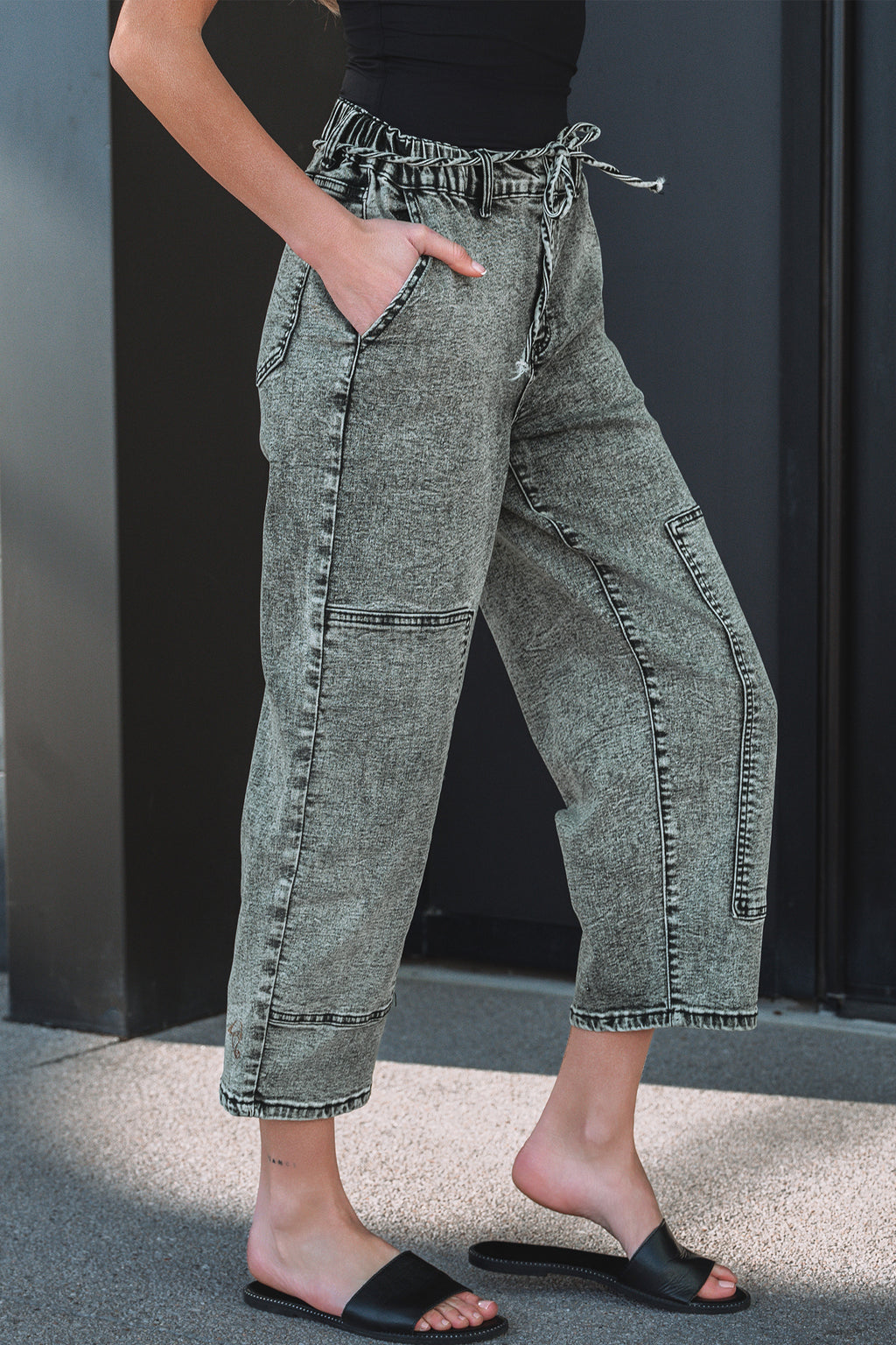 Smoke Gray Acid Wash Tie Waist Denim Pants