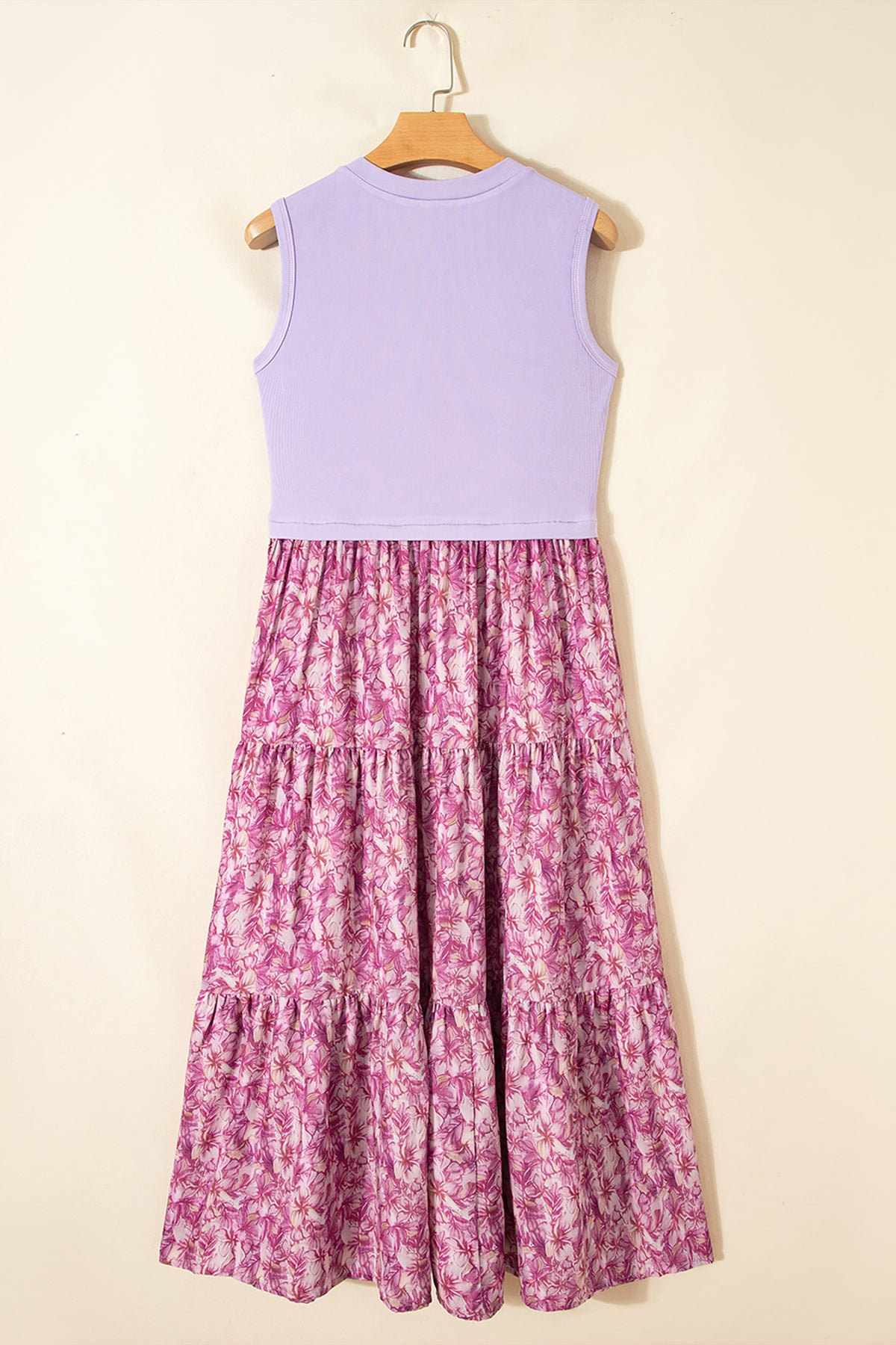 Purple Ribbed V Neck Tank Floral Patchwork Dress