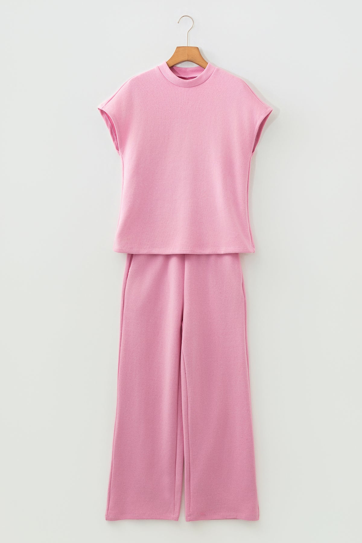 Pink Textured Knit High Neck Loose Tee Elastic Waist Loose Pant Set