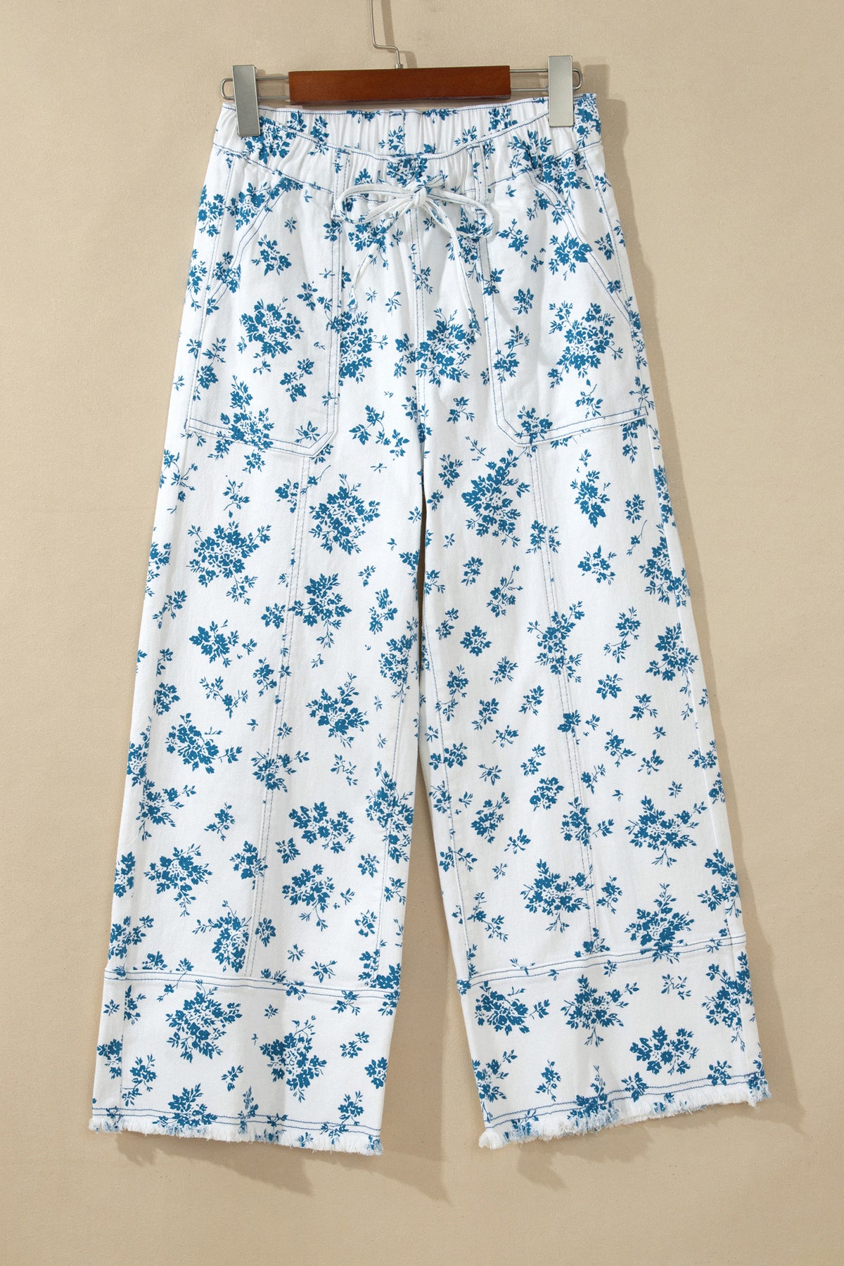 Sky Blue Floral Print Straight Leg Jeans