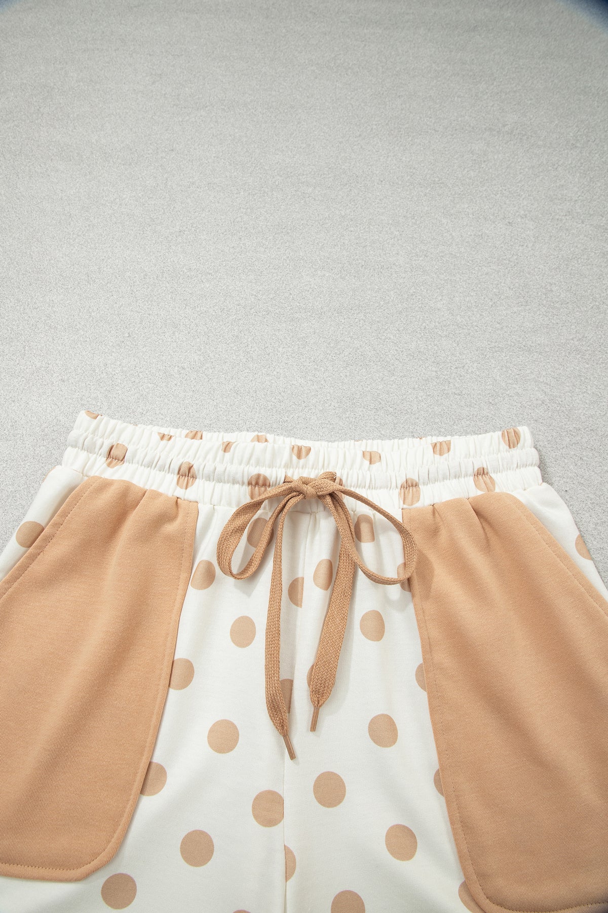 Pink Polka Dot Drop Shoulder Polo Loose Pullover Patch Pocket Casual Shorts Set