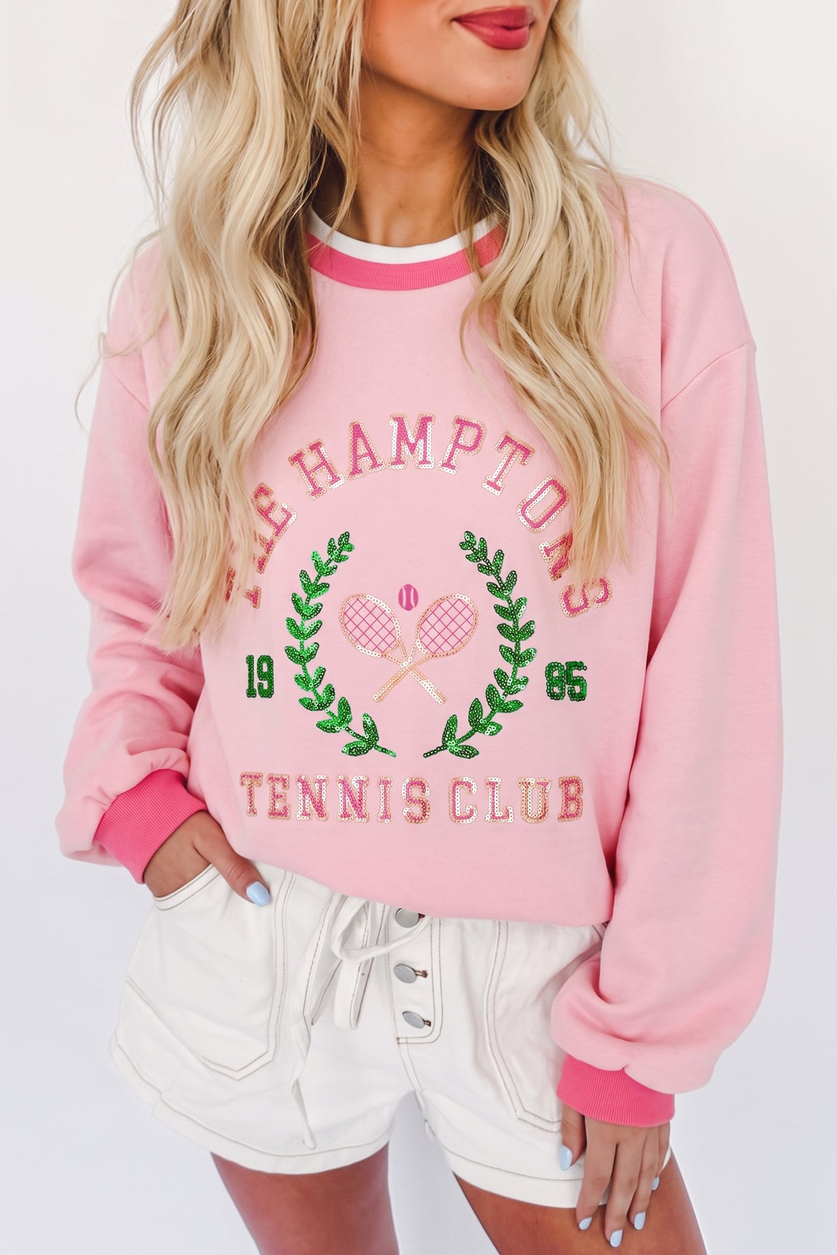 Pink Embroidered Tennis Pullover Sweatshirt