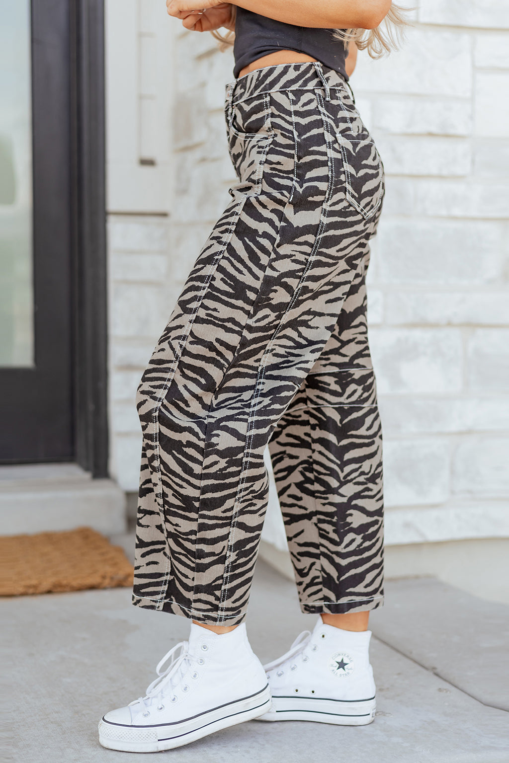 Zebra Printed Wide Leg Barrel Jeans