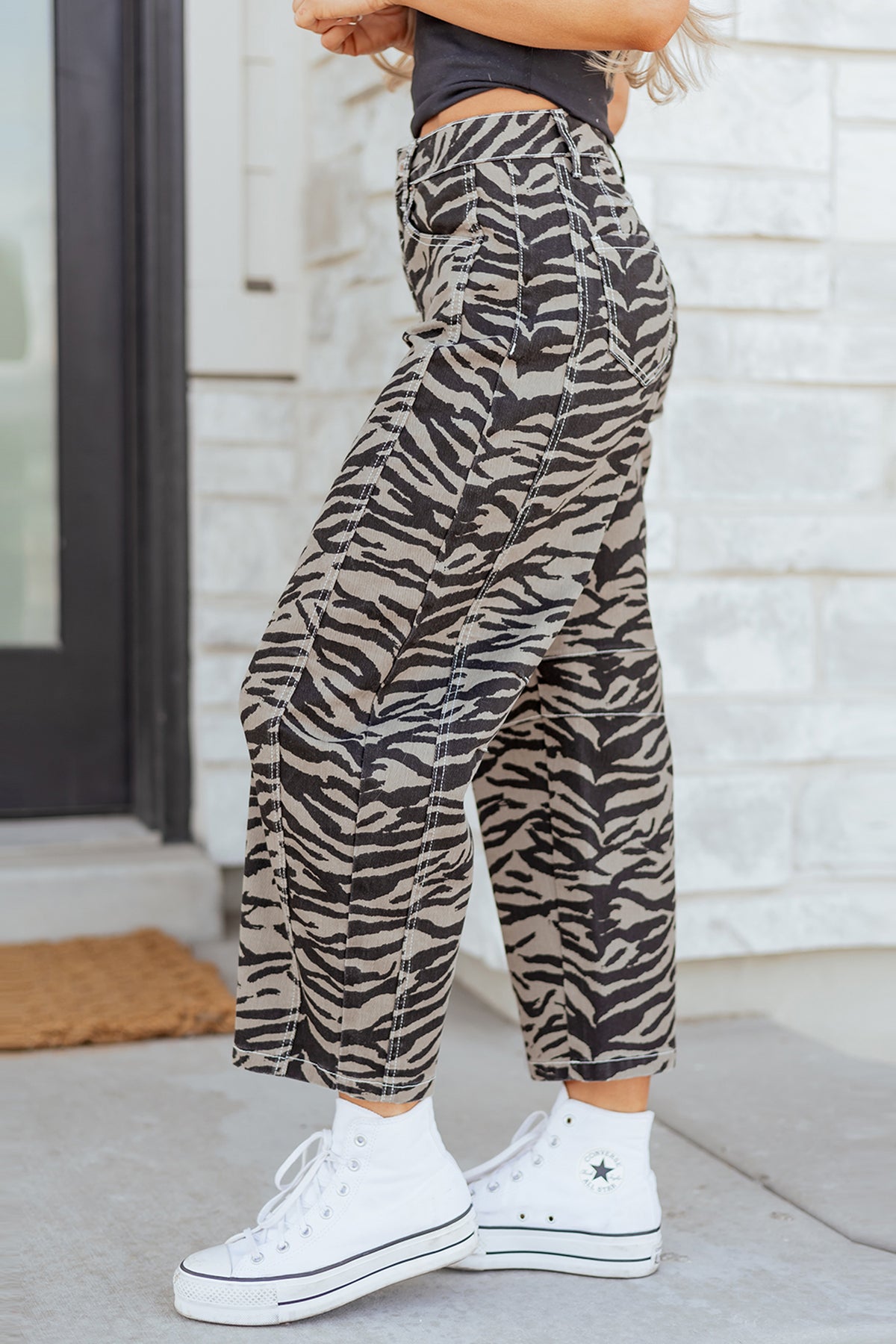 Zebra Printed Wide Leg Barrel Jeans