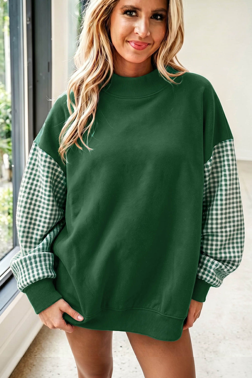 Russet Orange Plaid Sleeve Colorblock Loose Tunic Sweatshirt