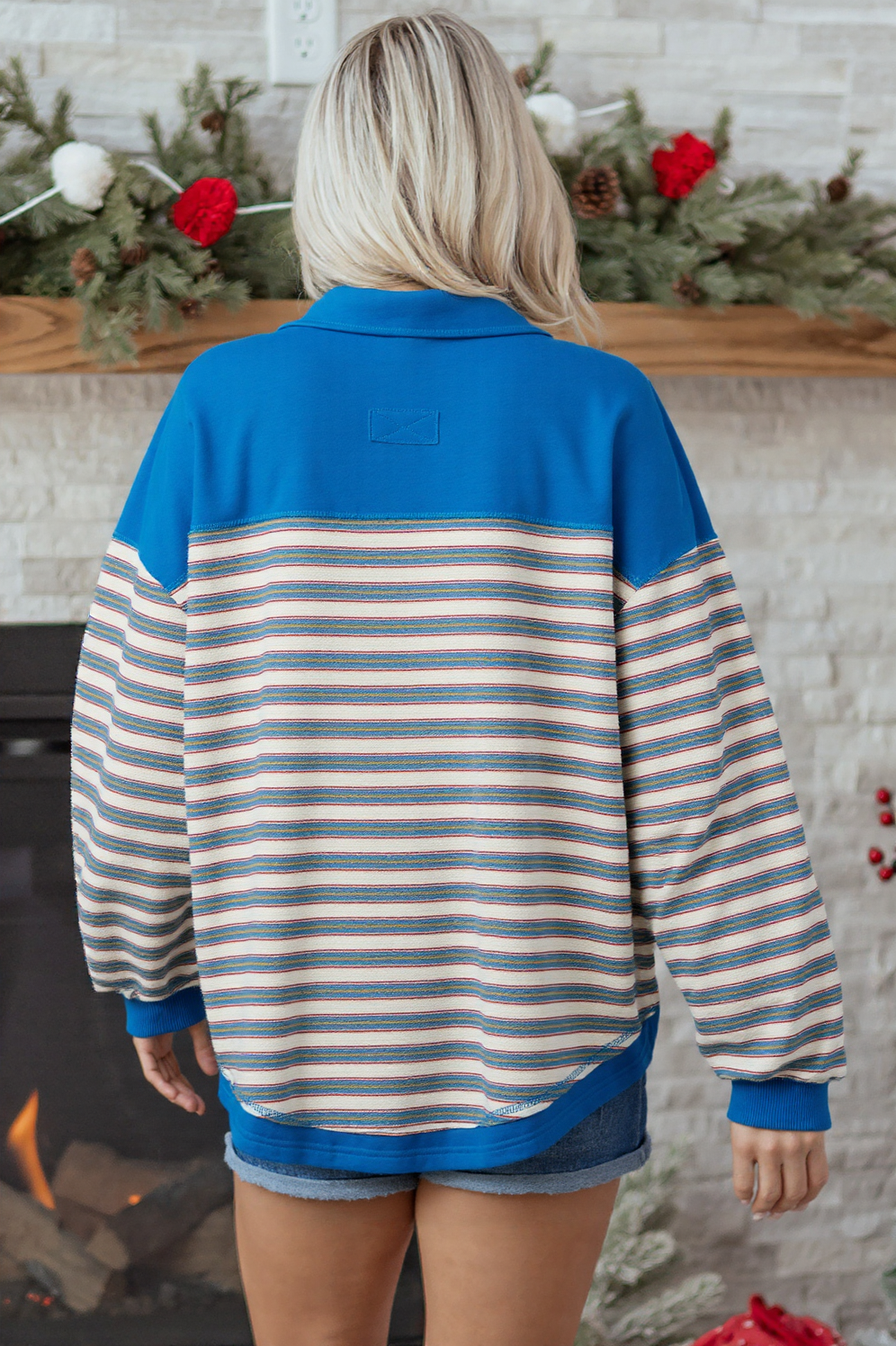 Pink Stripe V Neck Collared Shoulder Top