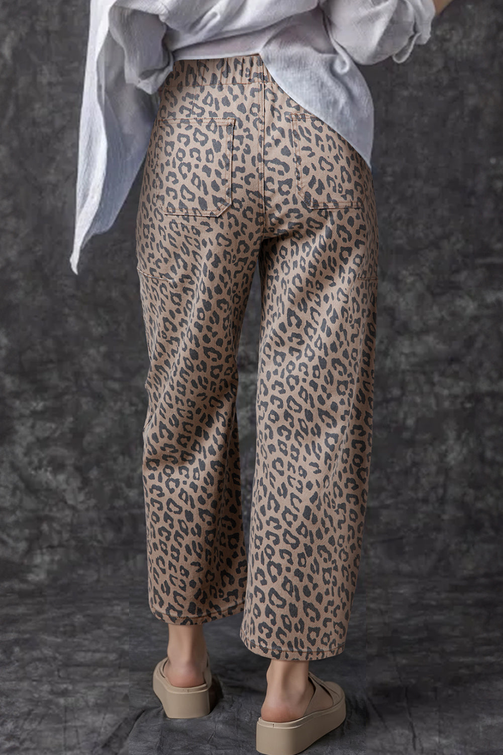 Leopard Printed Drawstring Pocketed Barrel Jeans