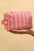 Fiery Red PVC Striped Cosmetic Bag Durable Zipper Handle Travel Organizer