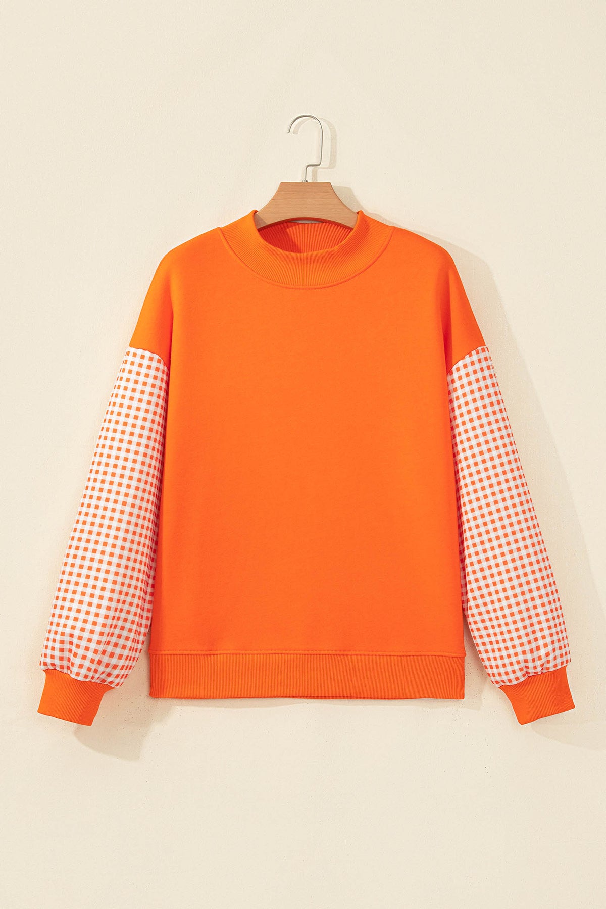 Russet Orange Plaid Sleeve Colorblock Loose Tunic Sweatshirt