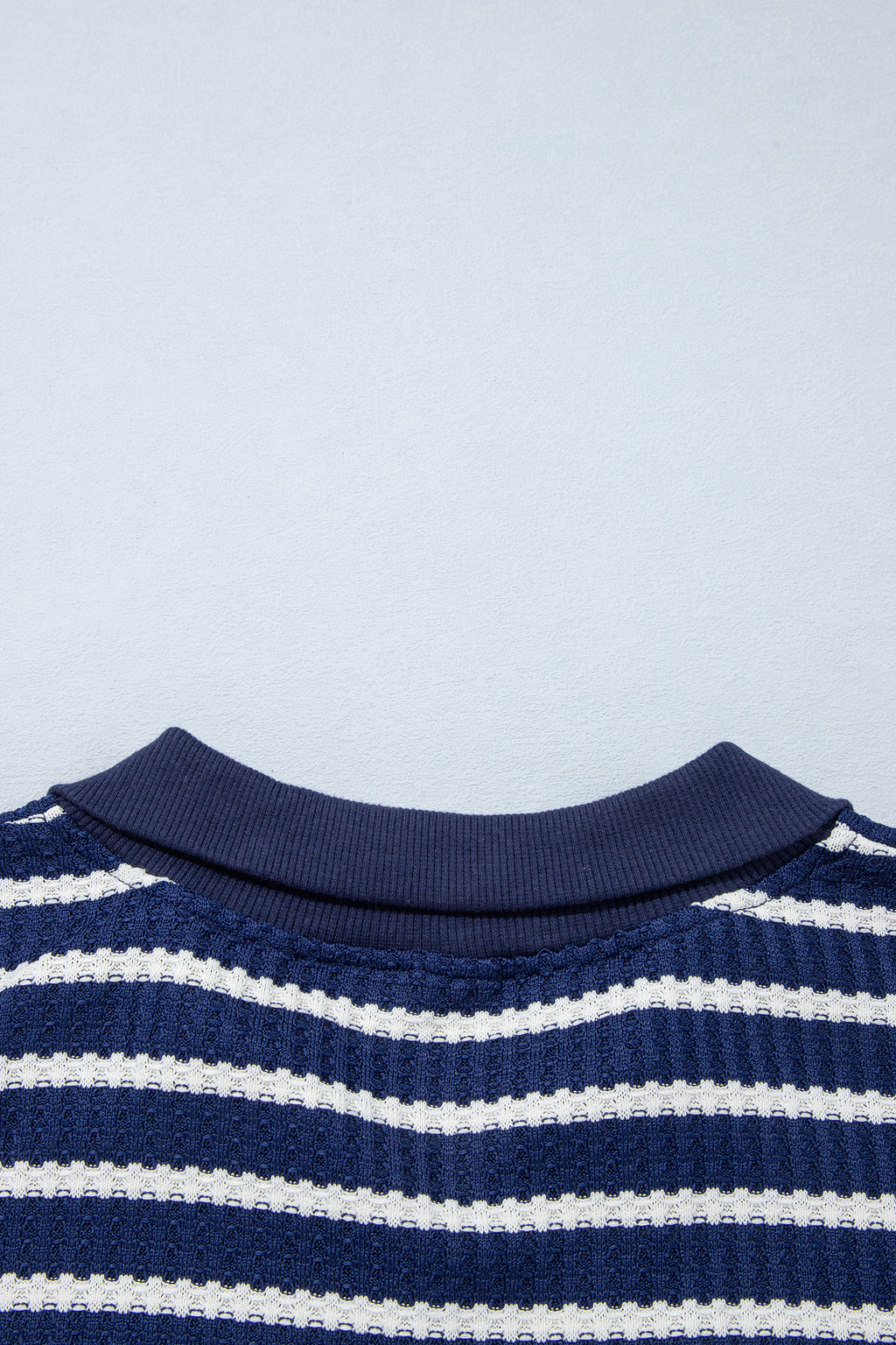Blue Stripe Textured Knit Half Zip Collared Long Sleeve Top