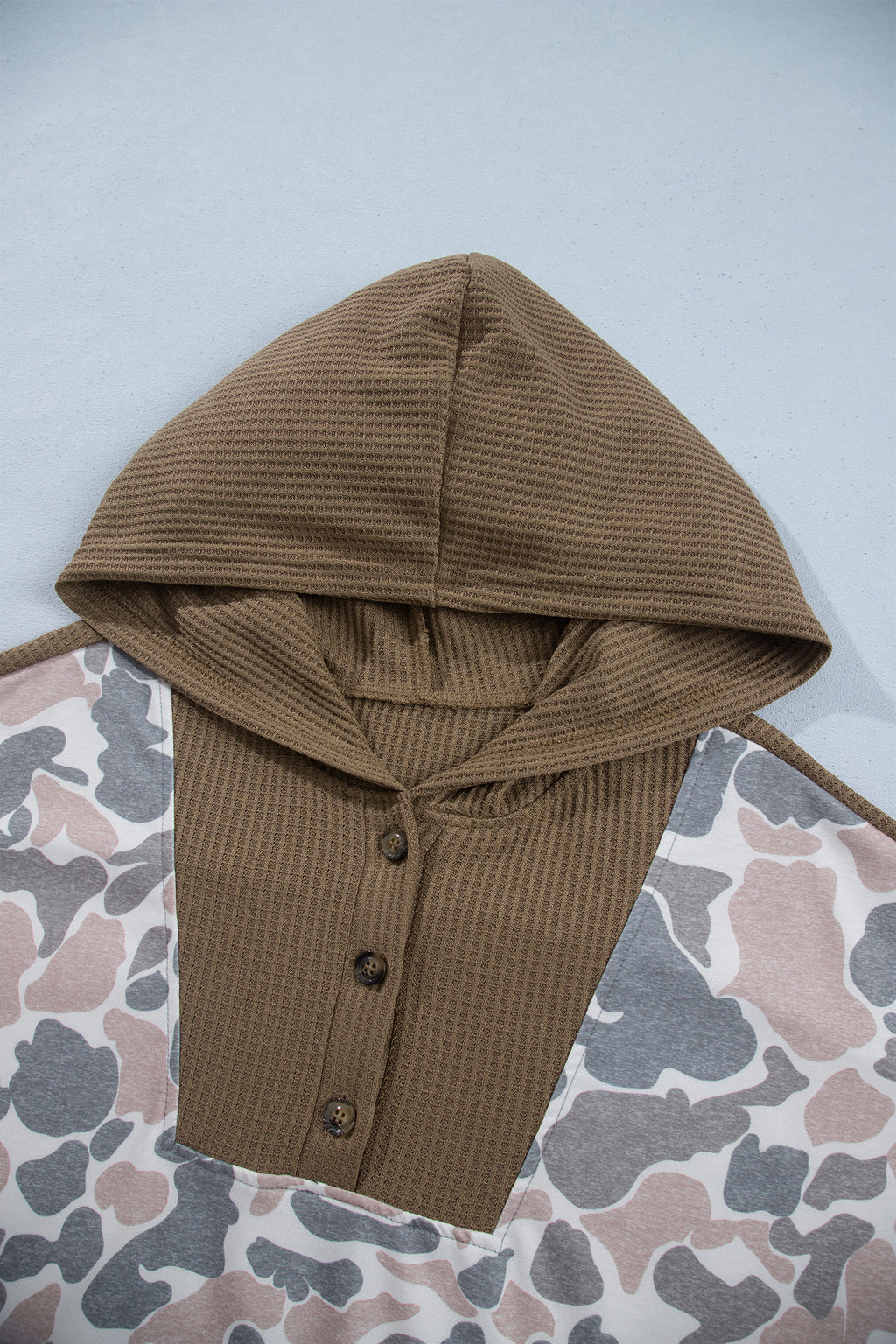 Khaki Camouflage Print Waffle Knit Patchwork Half Zip Plus Size Hoodie