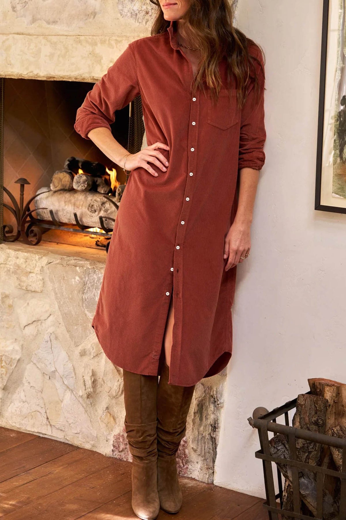 Clay Long Sleeve Button Down Corduroy Dress