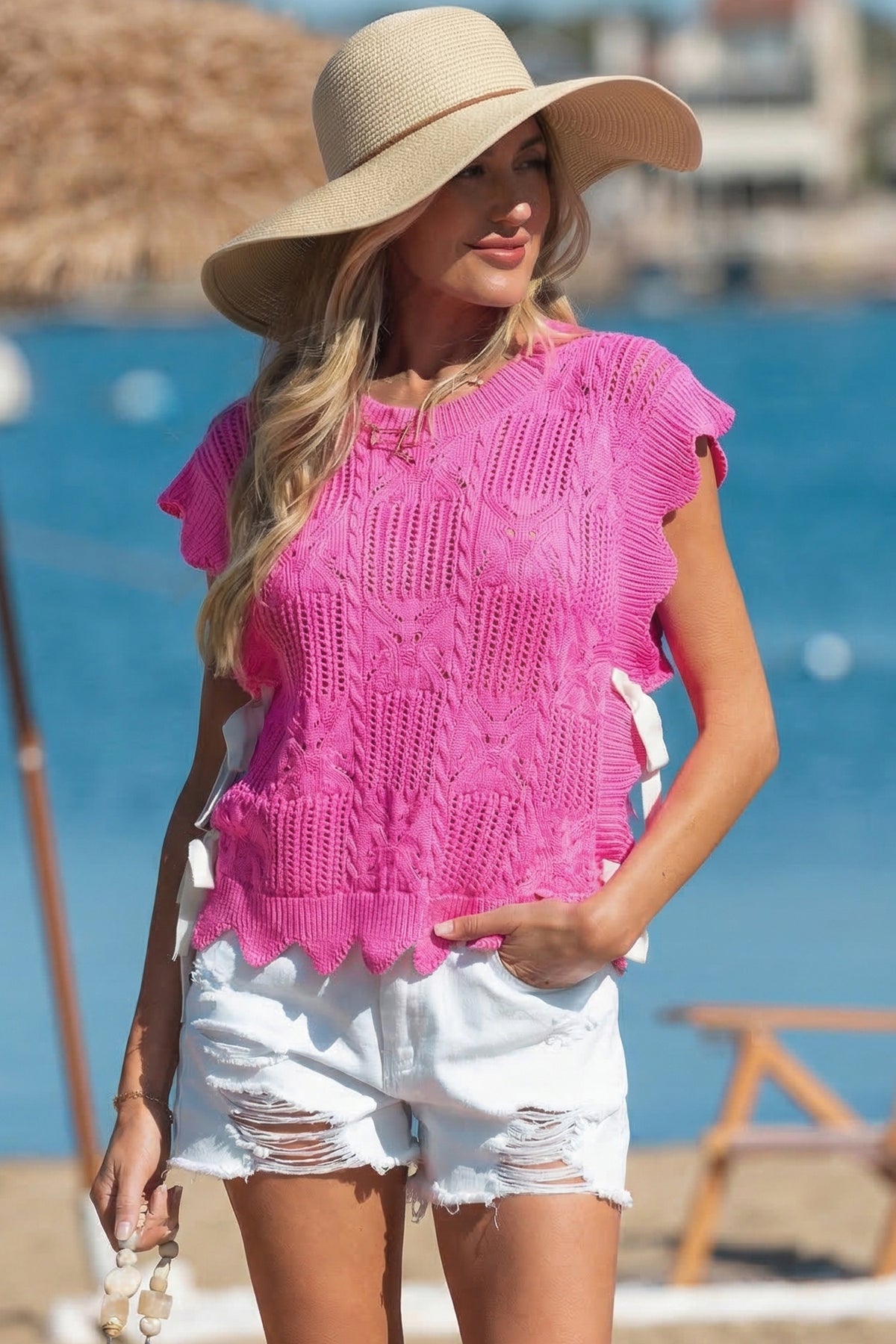 Bonbon Pointelle Knit Patterned Scalloped Trim Short Sleeve Sweater