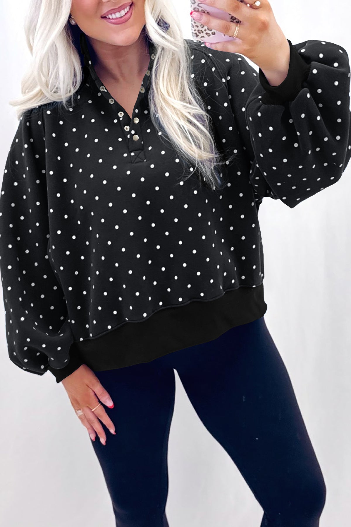 Red Polka Dot Print Metal Button Collar Casual Pullover Sweatshirt