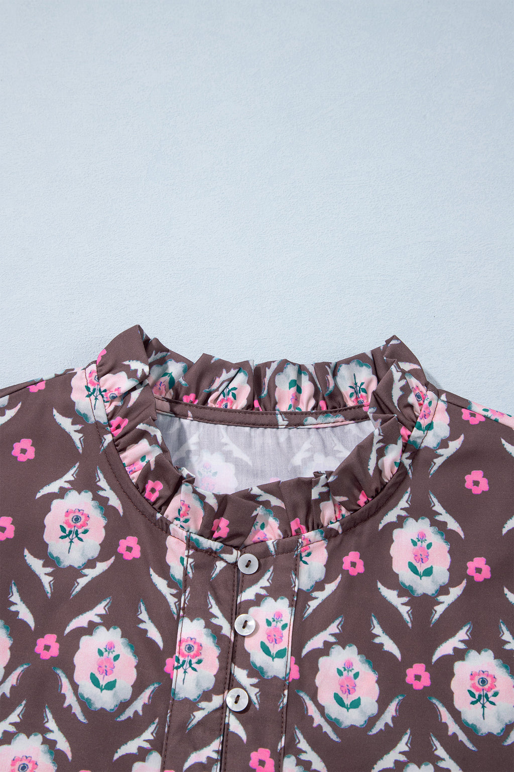 Brown Floral Print Button Front Ruffle Hem Midi Dress