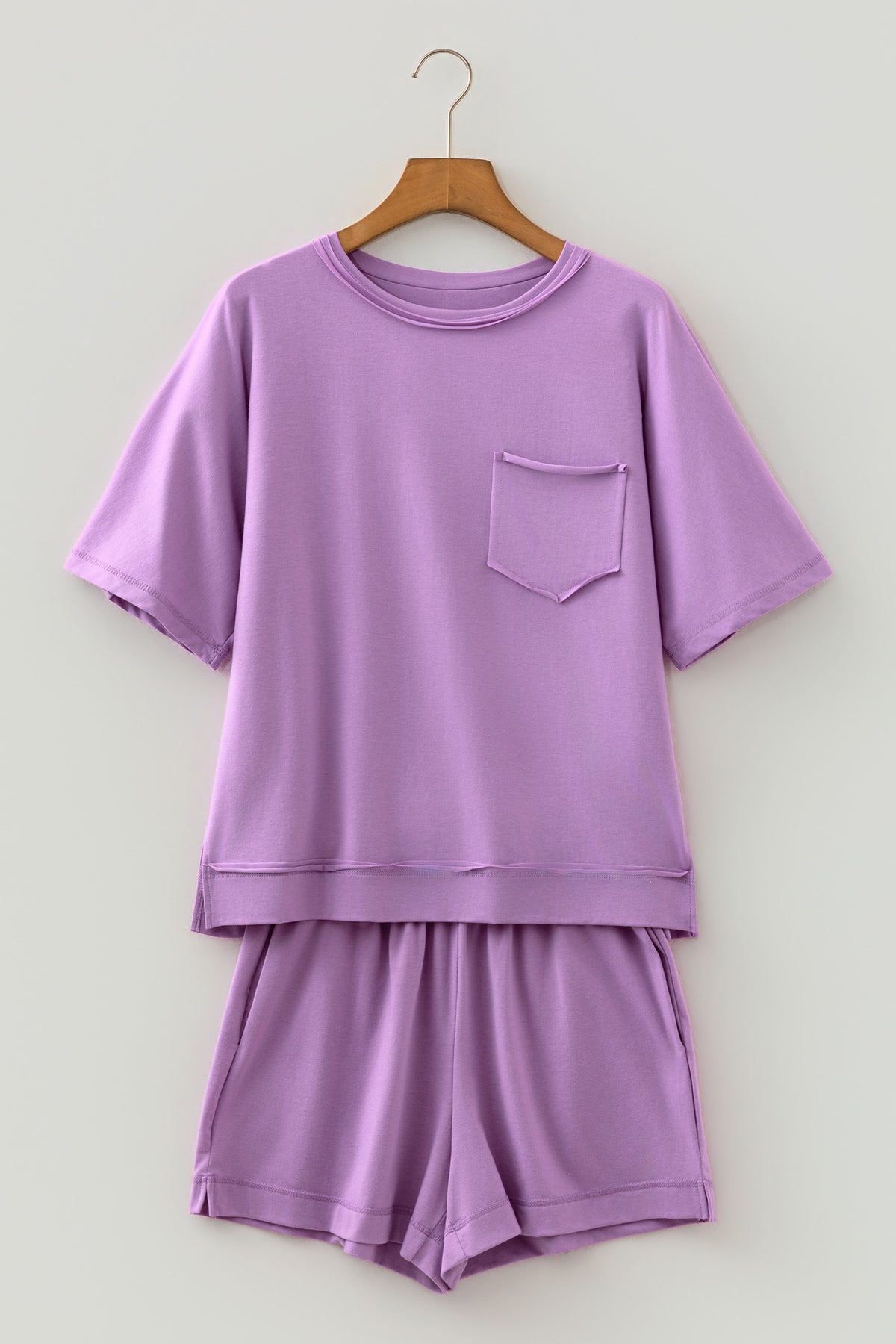 Strawberry Pink Raw Edge Patch Pocket Oversized Top and Shorts Set