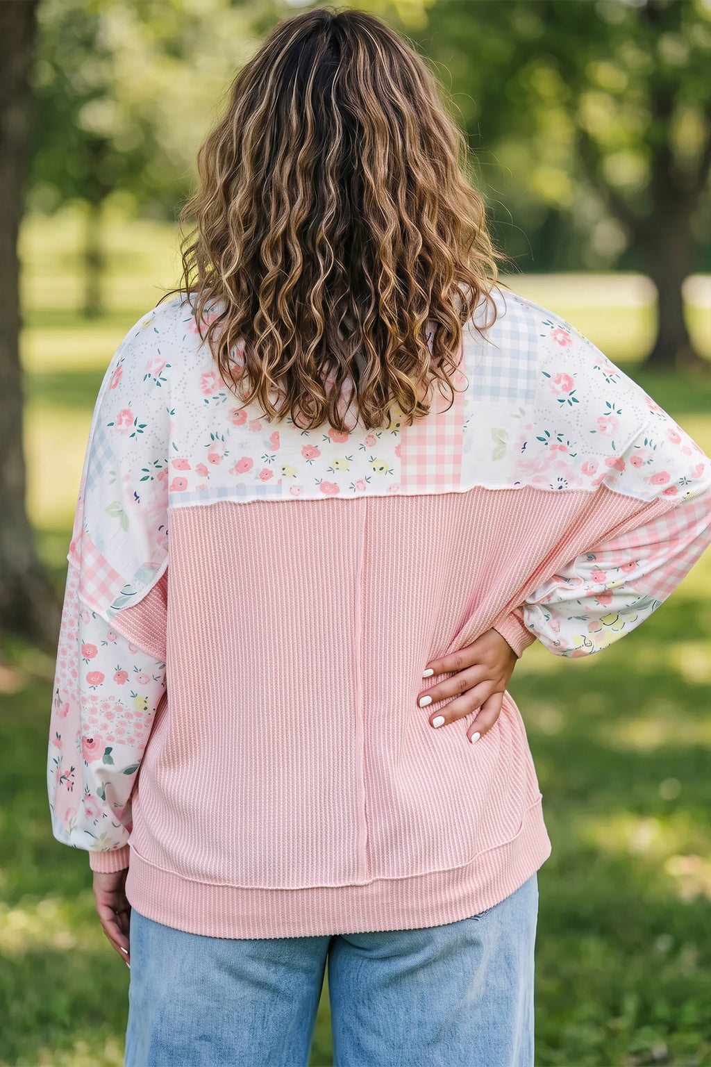 Pink Patchwork Long Sleeve Tunic Plus Size Blouse