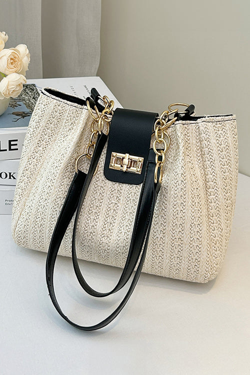 Black PU Leather Chain Handle Woven Textured Knit Tote Bag