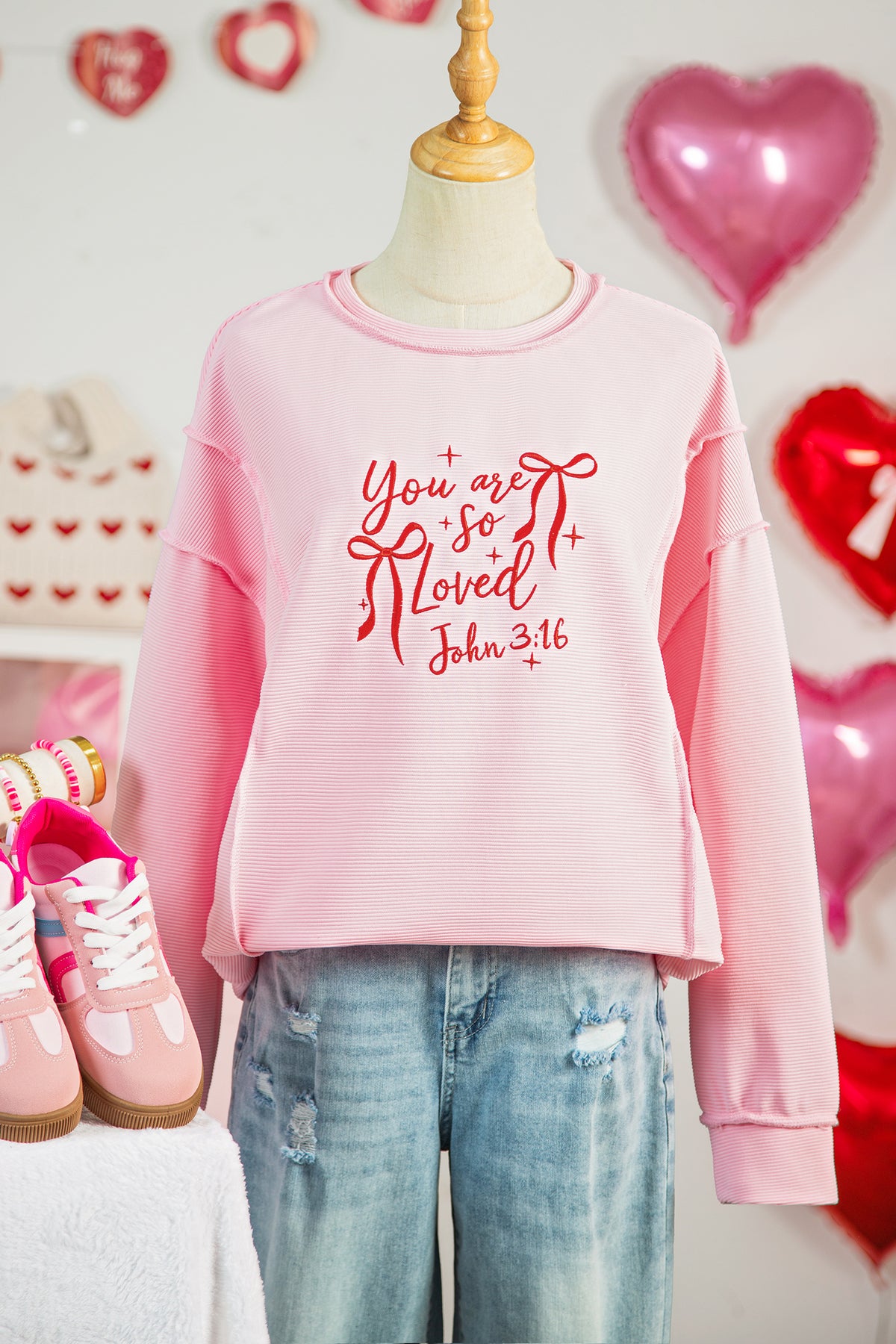 Pink you are so loved Valentines Day Embroidered Graphic Top
