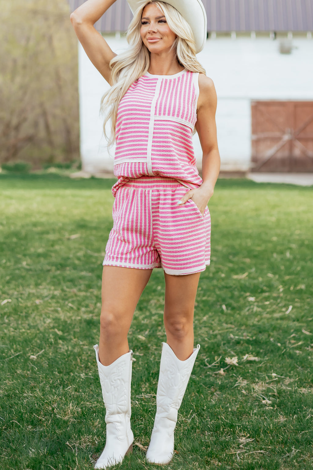 Pink Stripe Casual Tank and Shorts Set