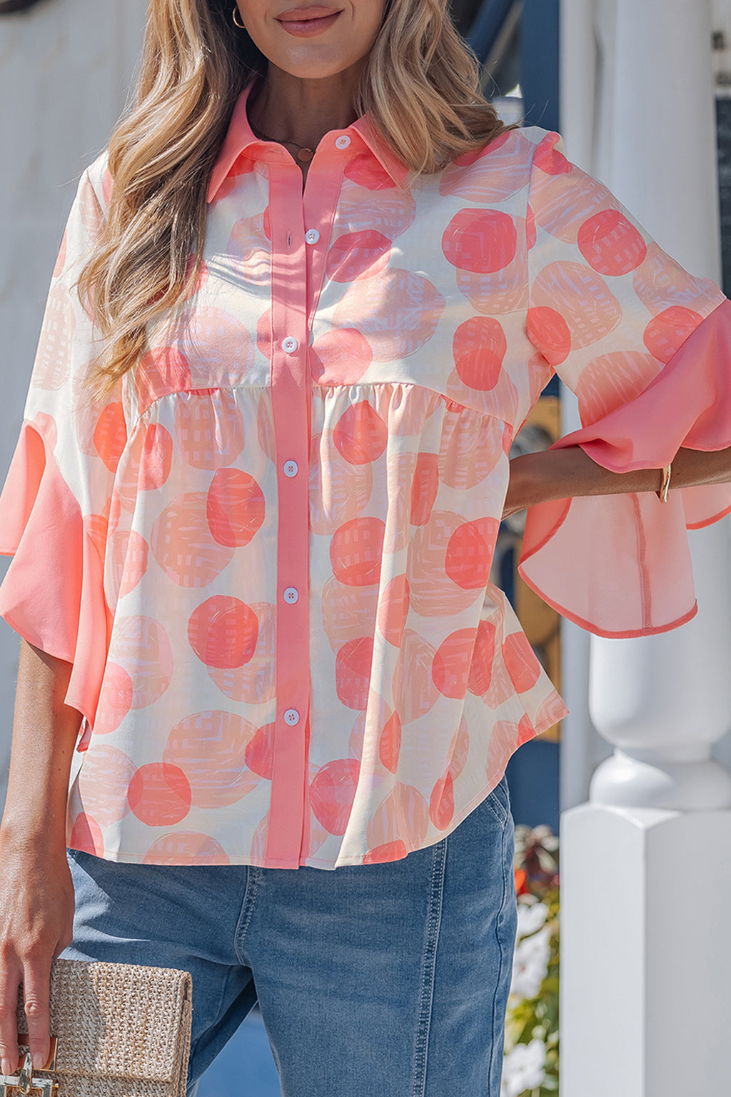 Pink Double Polka Dot Printed Babydoll Shirt