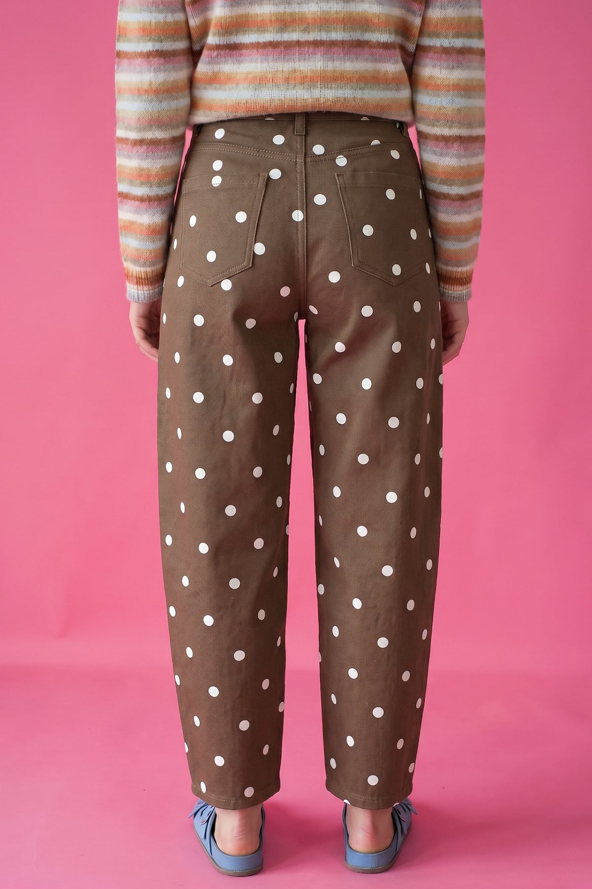 Pink Tailored Seam Polka Dot Print Barrel Casual Jeans
