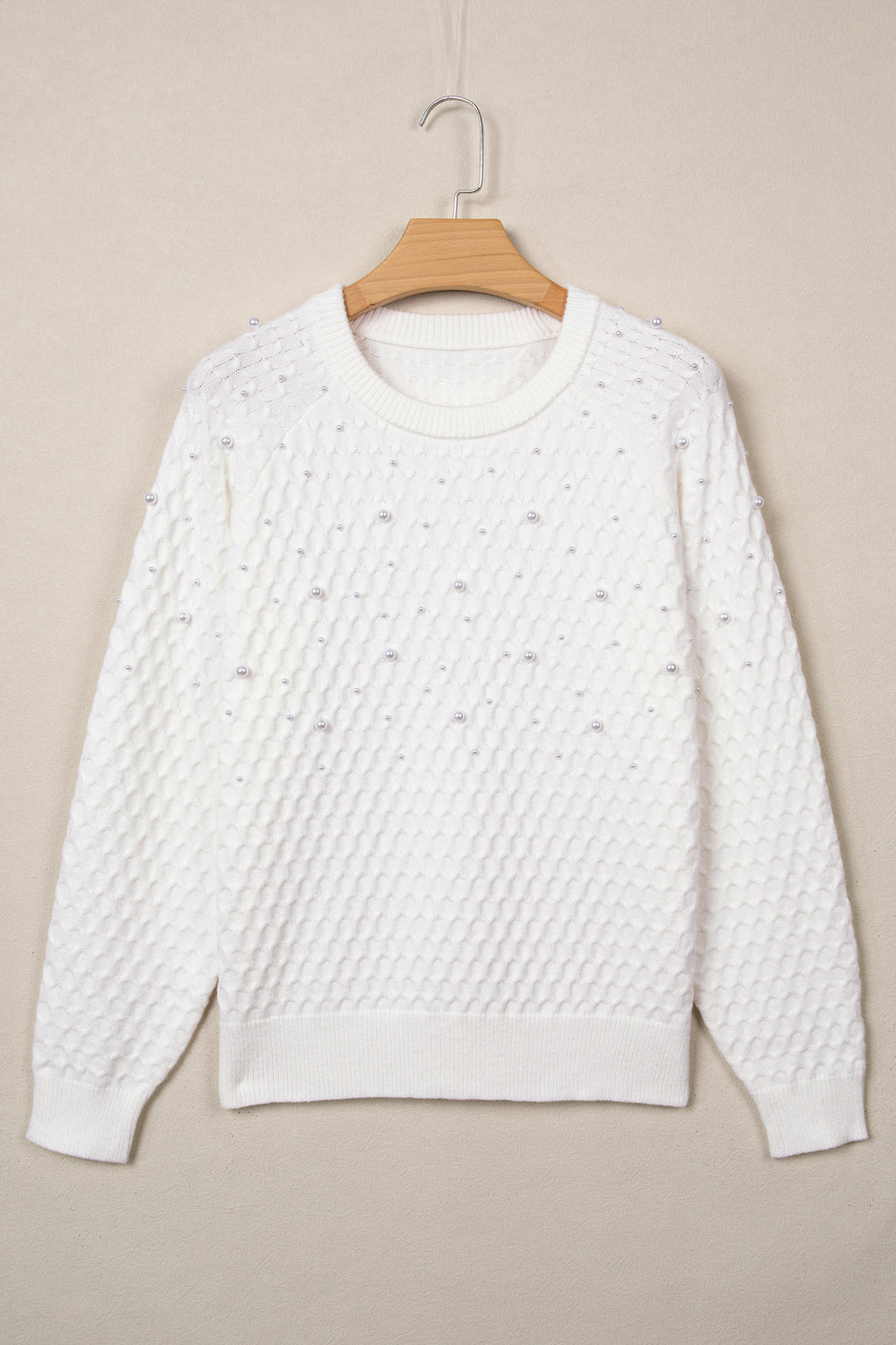 White Solid Textured Knit Pearl Embellished Pullover Sweater