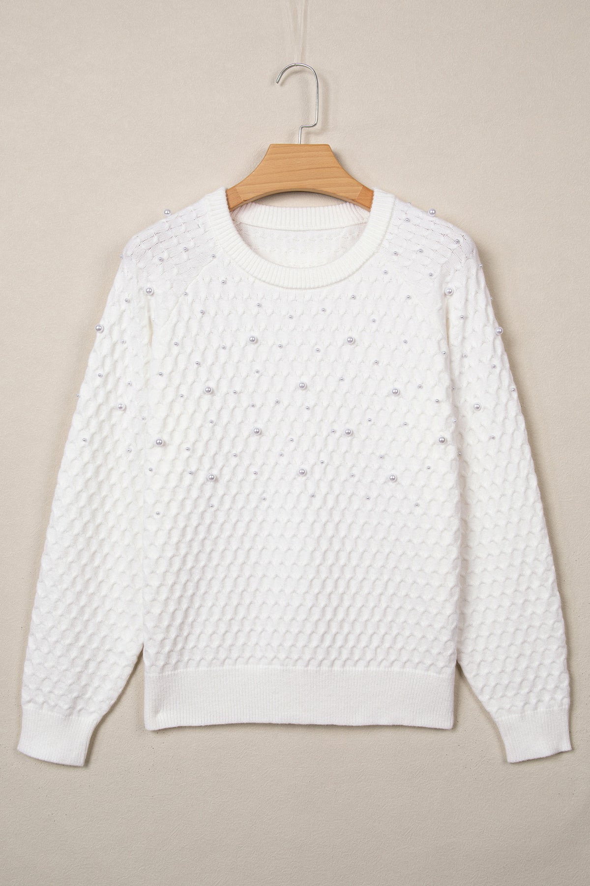 White Solid Textured Knit Pearl Embellished Pullover Sweater