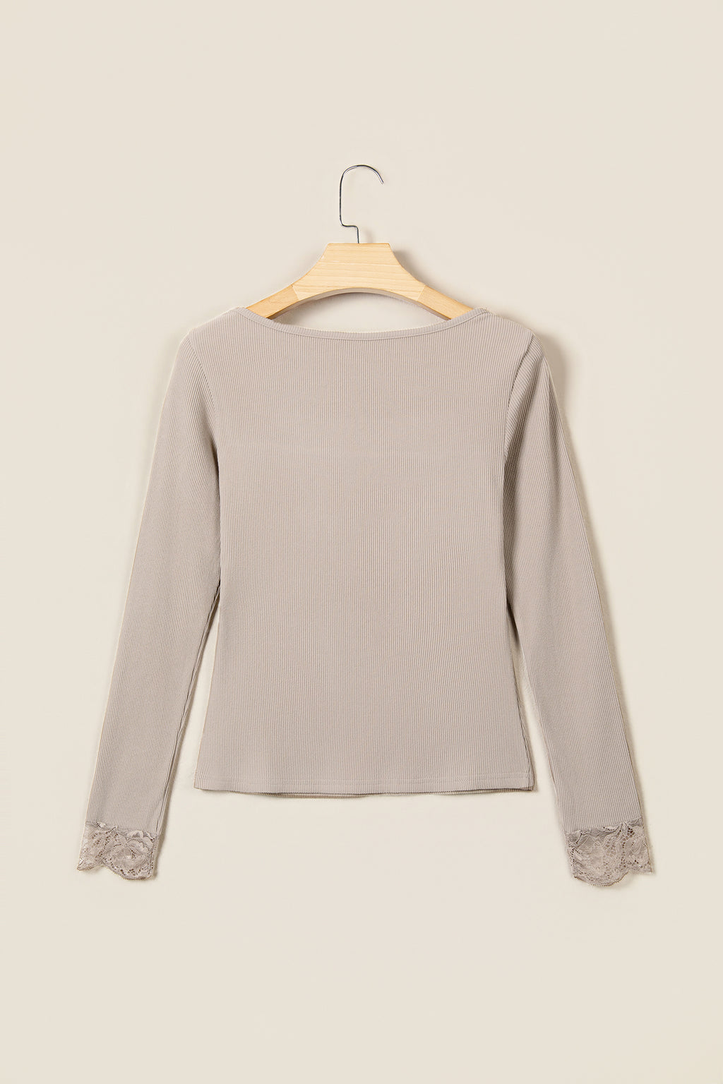 DUNE Solid Color Ribbed Lace Neck Long Sleeve Top