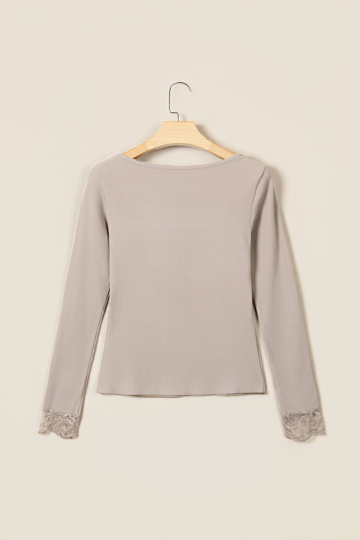 DUNE Solid Color Ribbed Lace Neck Long Sleeve Top